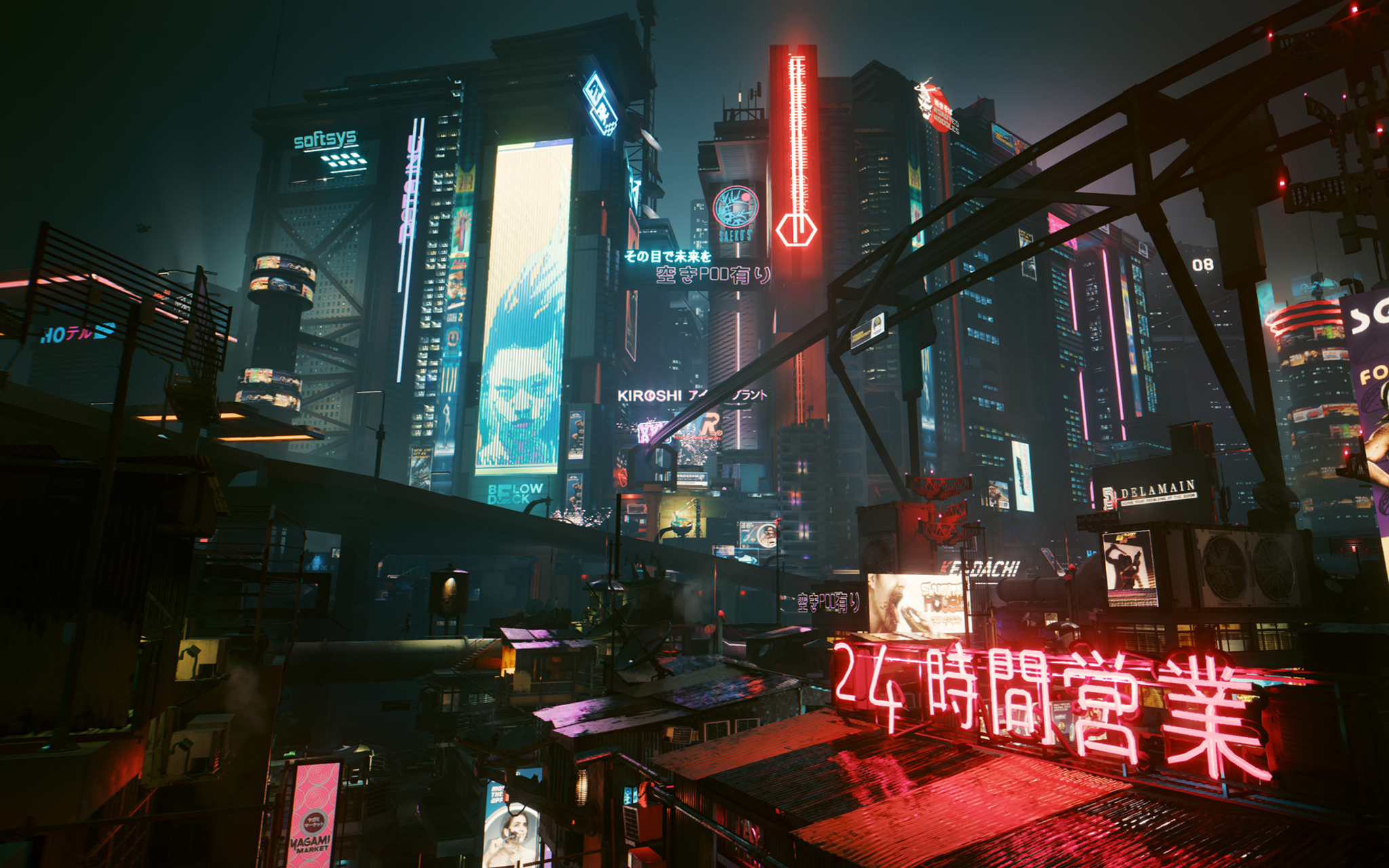 A sweeping nighttime cityscape from Cyberpunk 2077, looking up from a dense neighborhood of low, rain-slicked rooftops toward a wall of towering skyscrapers blanketed in neon advertisements. Signage in Japanese and English competes for attention, including a massive red neon sign reading "24時間営業" (open 24 hours) in the foreground.
