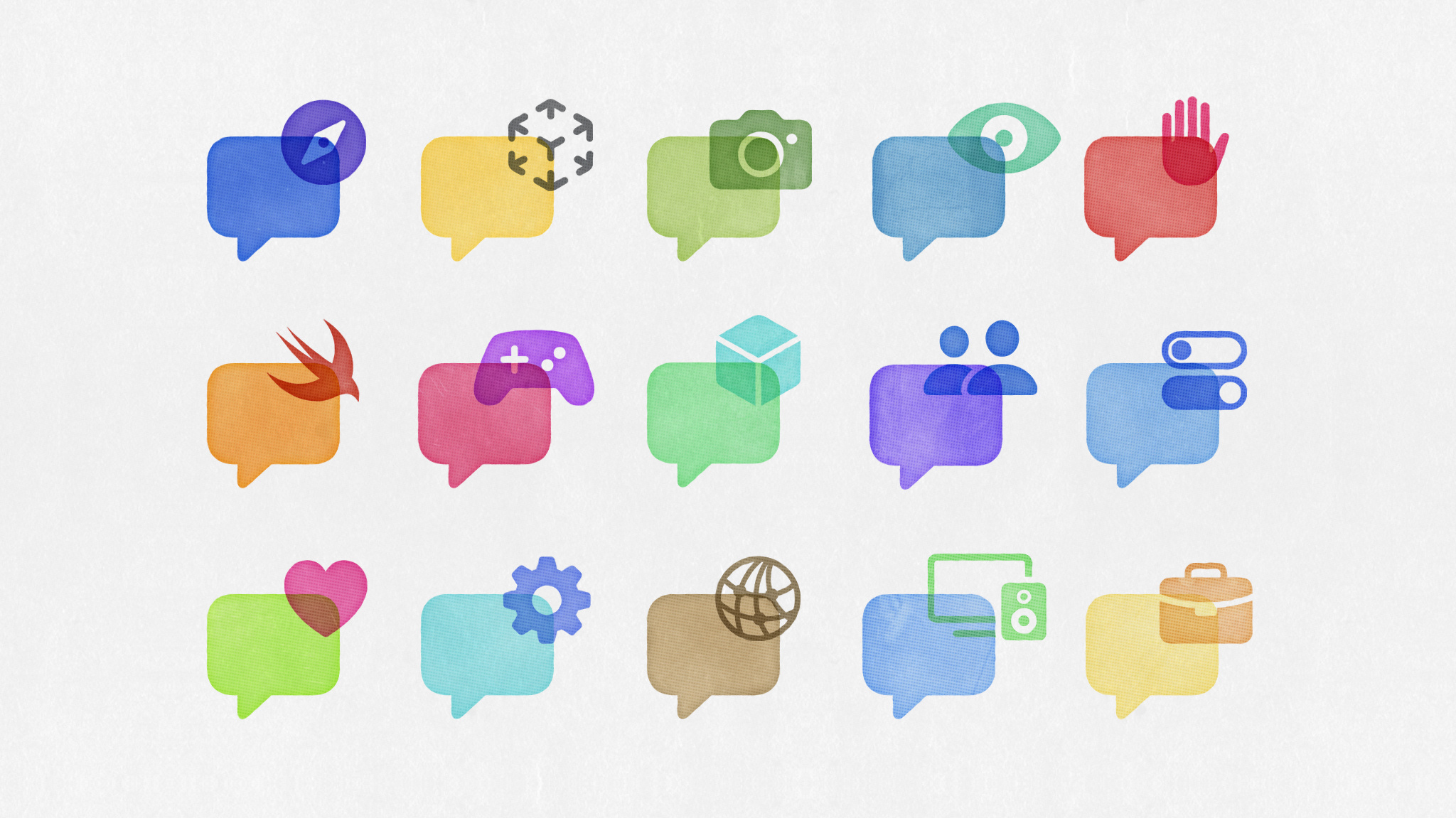 Three rows of colorful icons representing technology topics placed over speech bubbles