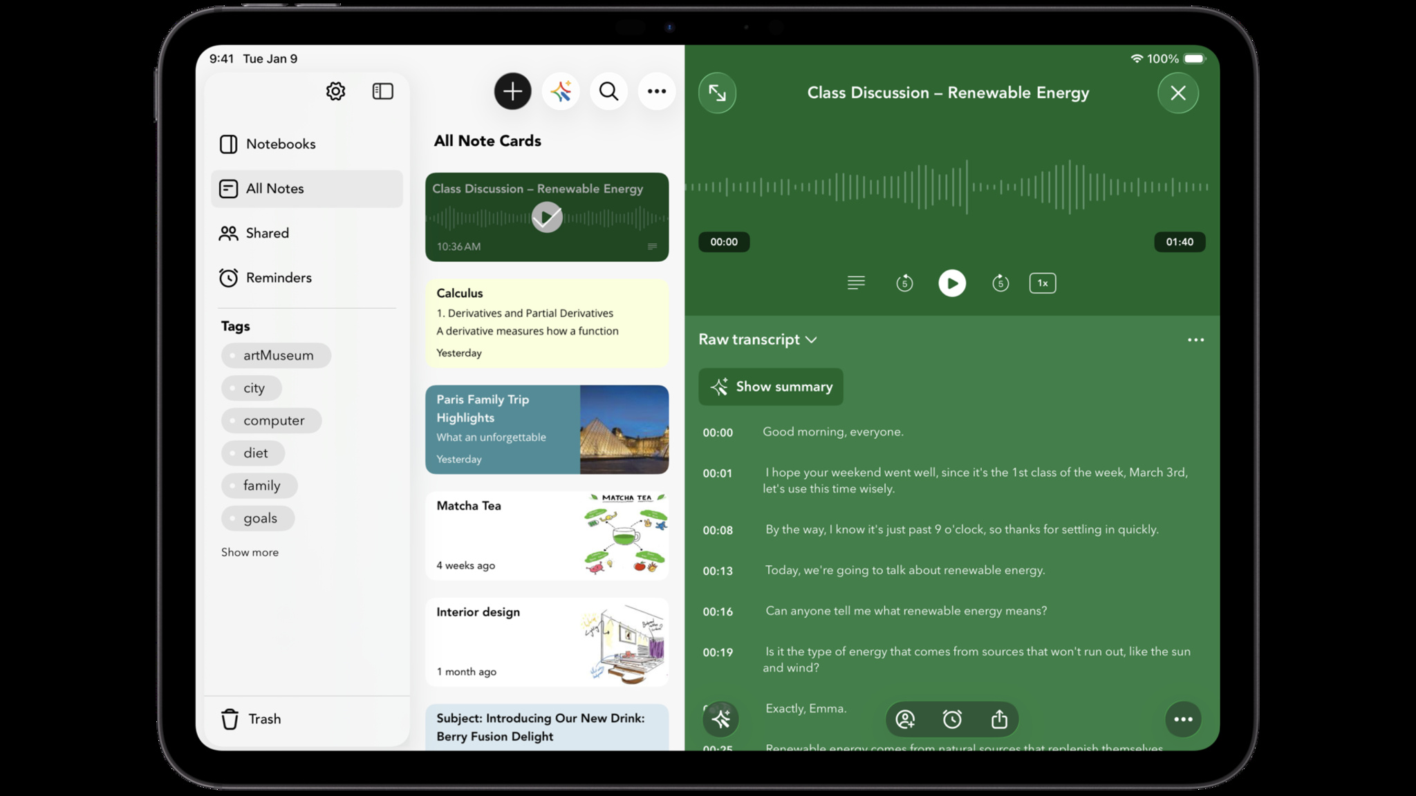 An iPad screen displaying a note-taking application with a split-screen interface. The left side shows a list of note cards, while the right side displays an active audio recording note titled “Class Discussion: Renewable Energy” with a green background, showing an audio waveform and a raw scrollable transcript below it.