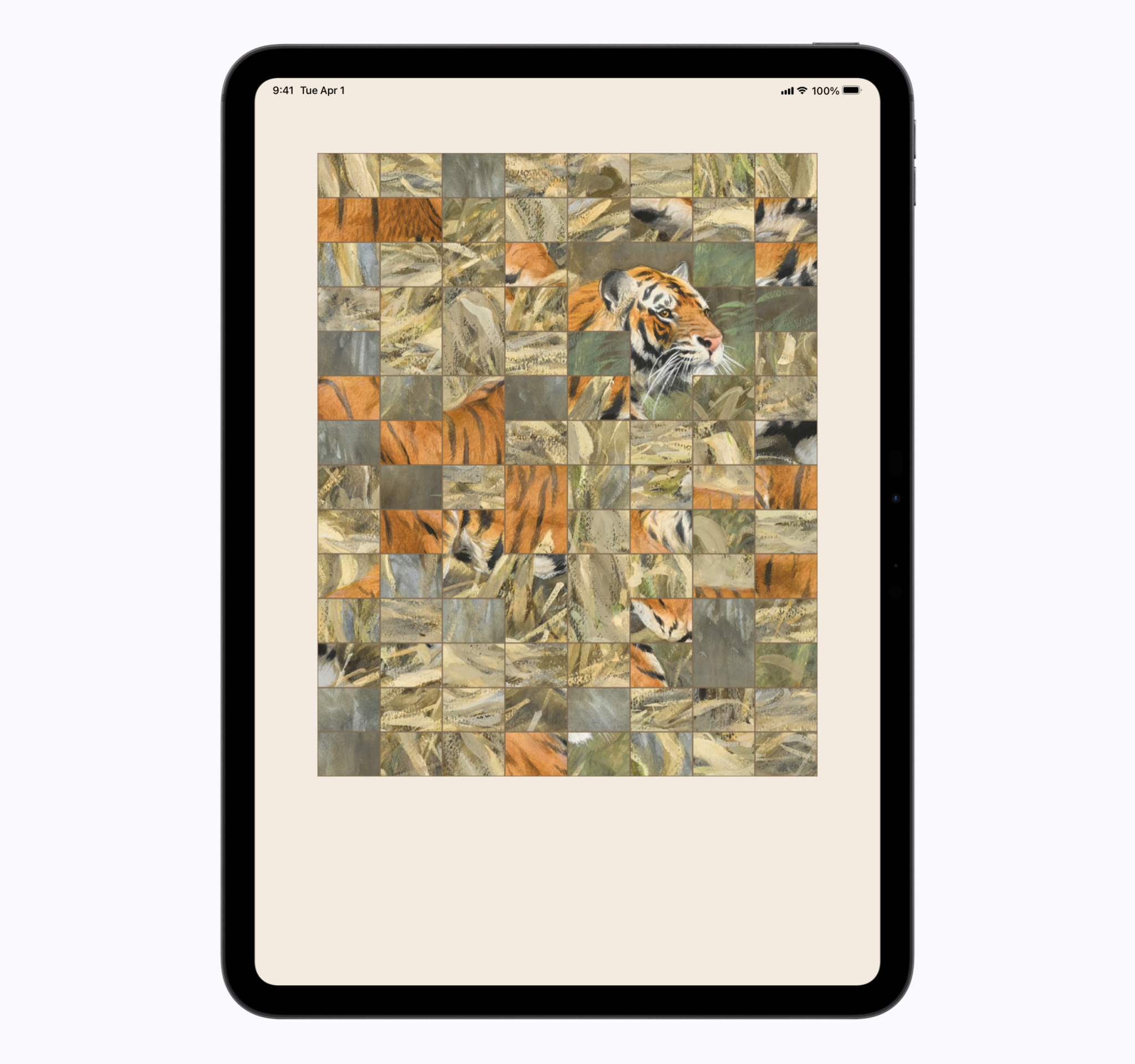 An iPad screen displays a complex grid puzzle consisting of dozens of small square tiles that scramble an illustration of a tiger. The tiger's head is visible and correctly assembled in the upper-right quadrant, while the rest of its striped body and the grassy background are fragmented across the other tiles.