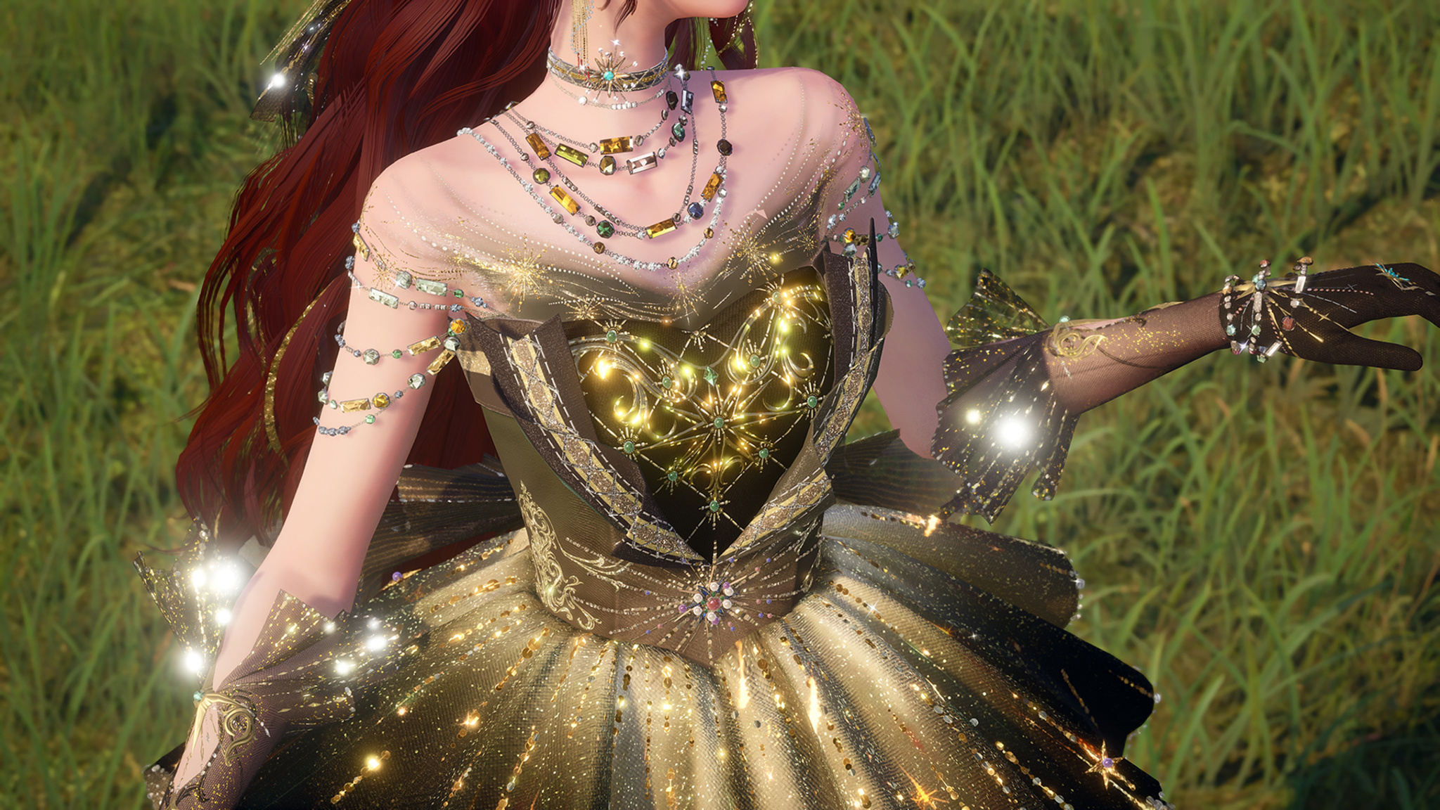 A close-up of a fantasy game character with long red hair wearing a glittering black and gold strapless ballgown with a glowing heart-shaped bodice, layered gemstone necklaces, and jeweled mesh gloves. Sparks of light emanate from her outstretched hands against a grassy background.