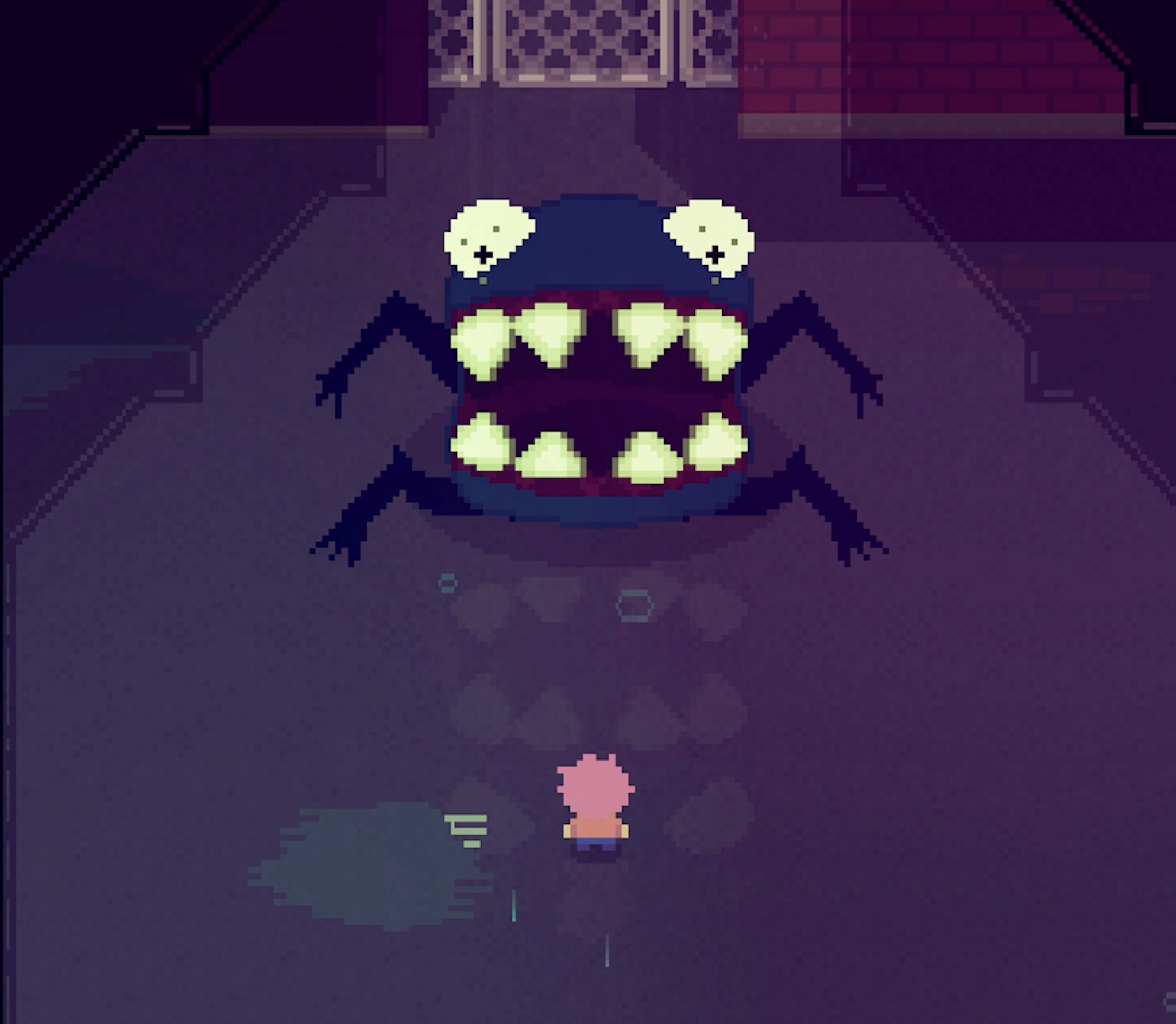 An Afterplace screenshot in which the main character faces off against a large beast with eight prominent teeth.