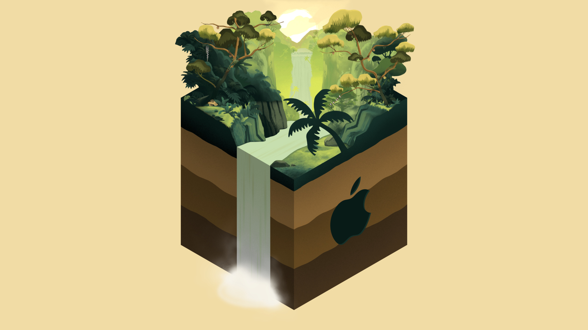 Cube with a jungle on top, waterfall and apple logo on the sides