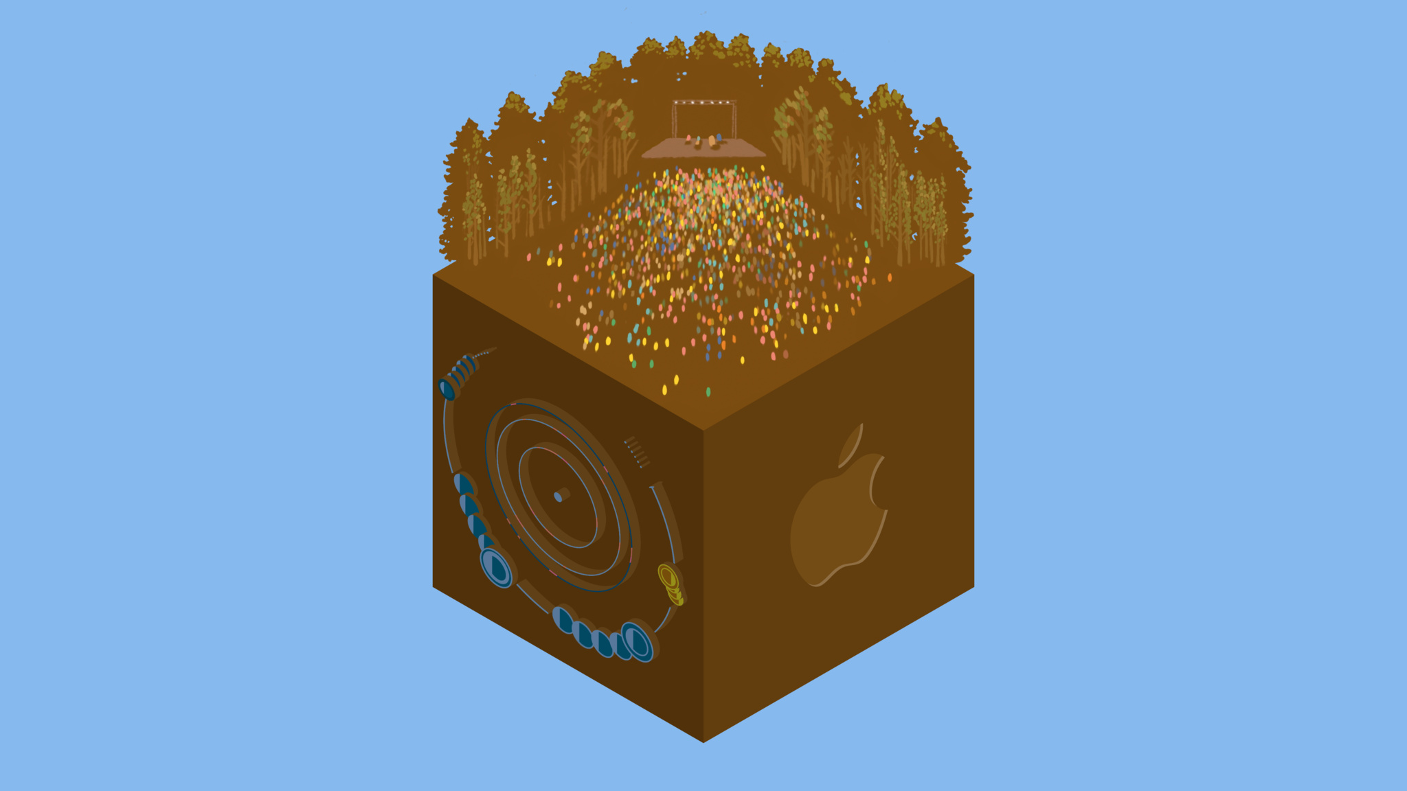 Cube with trees and a concert stage on top, apple logo on the side