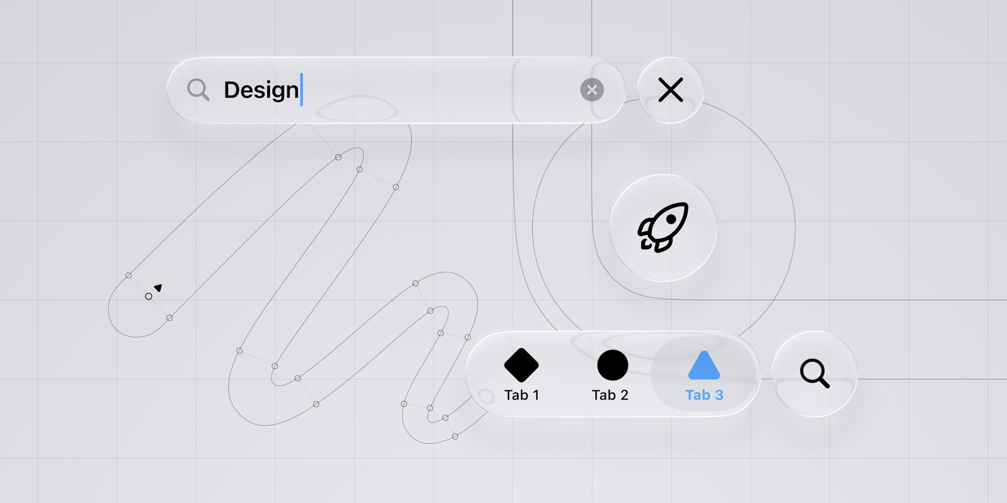 A collage of elements that represent and illustrate the new design, including text input boxes and a search button. The collage appears over a gray grid background.