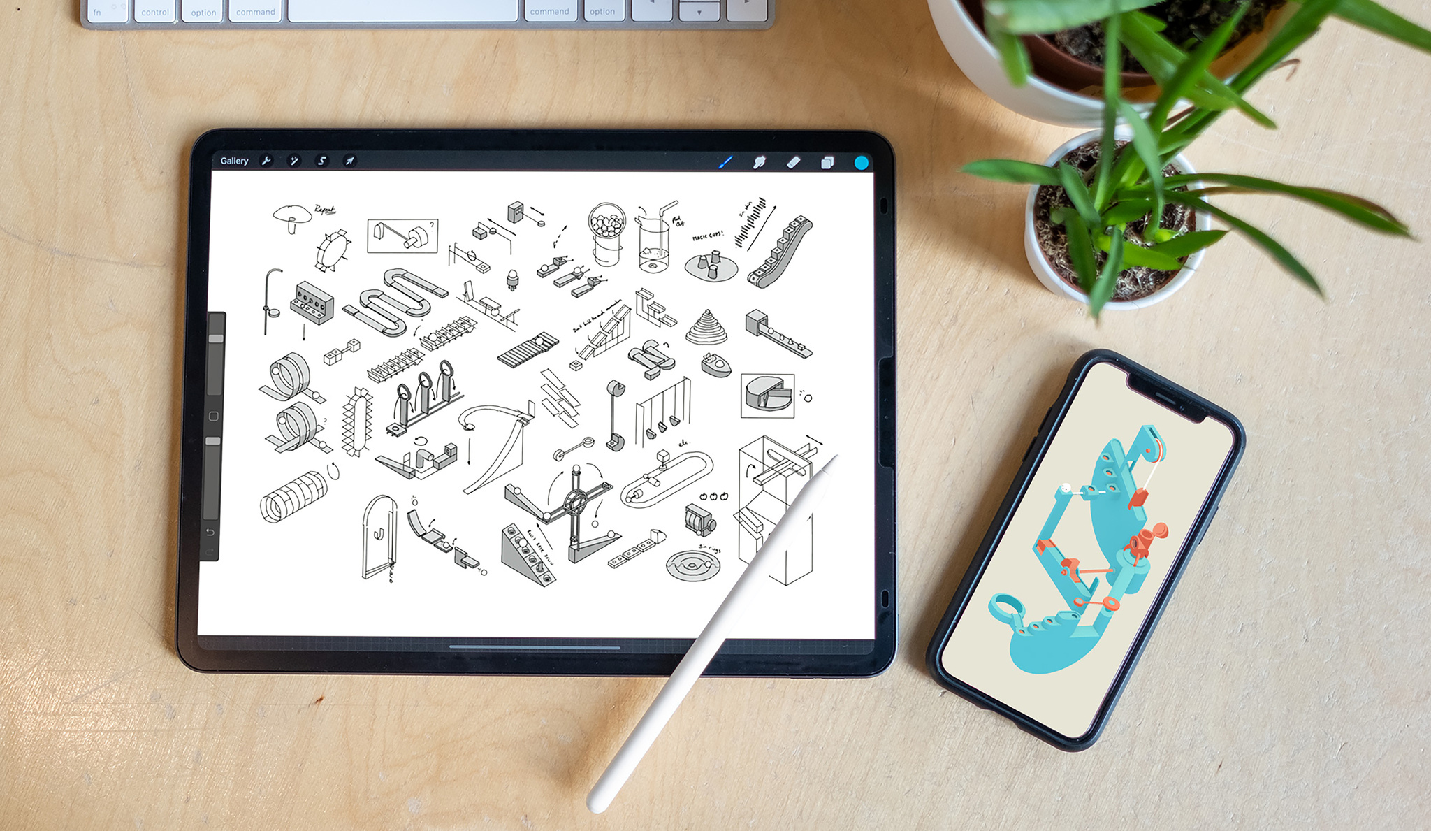 A photo of two devices — an iPad and iPhone — that both display sketches and early drafts of what would become the Apple Design Award finalist Automatoys.