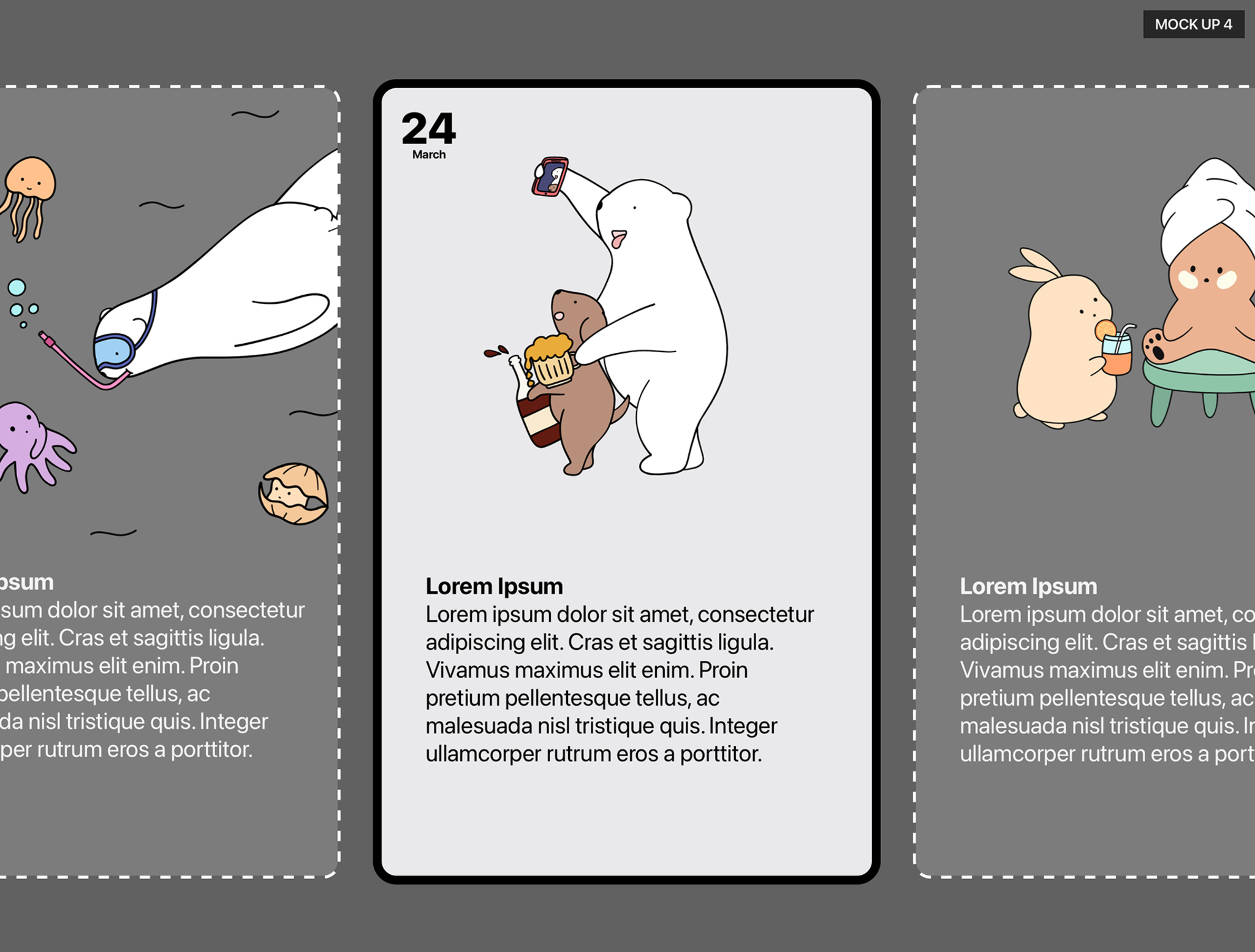 Early design sketches for Bears Gratitude, showing three cards with Bears Gratitude mascots on them, as well as placeholder copy.