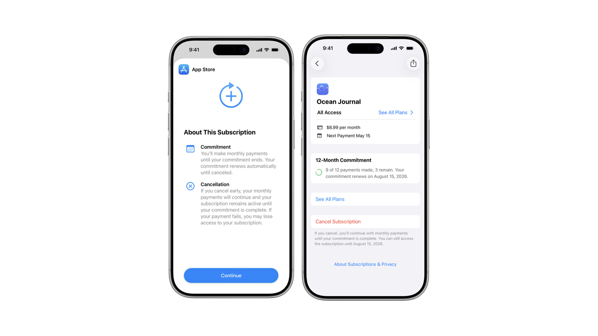 Screens showing monthly subscriptions with a 12-month commitment feature, payment schedule and commitment details for App Store subscriptions.