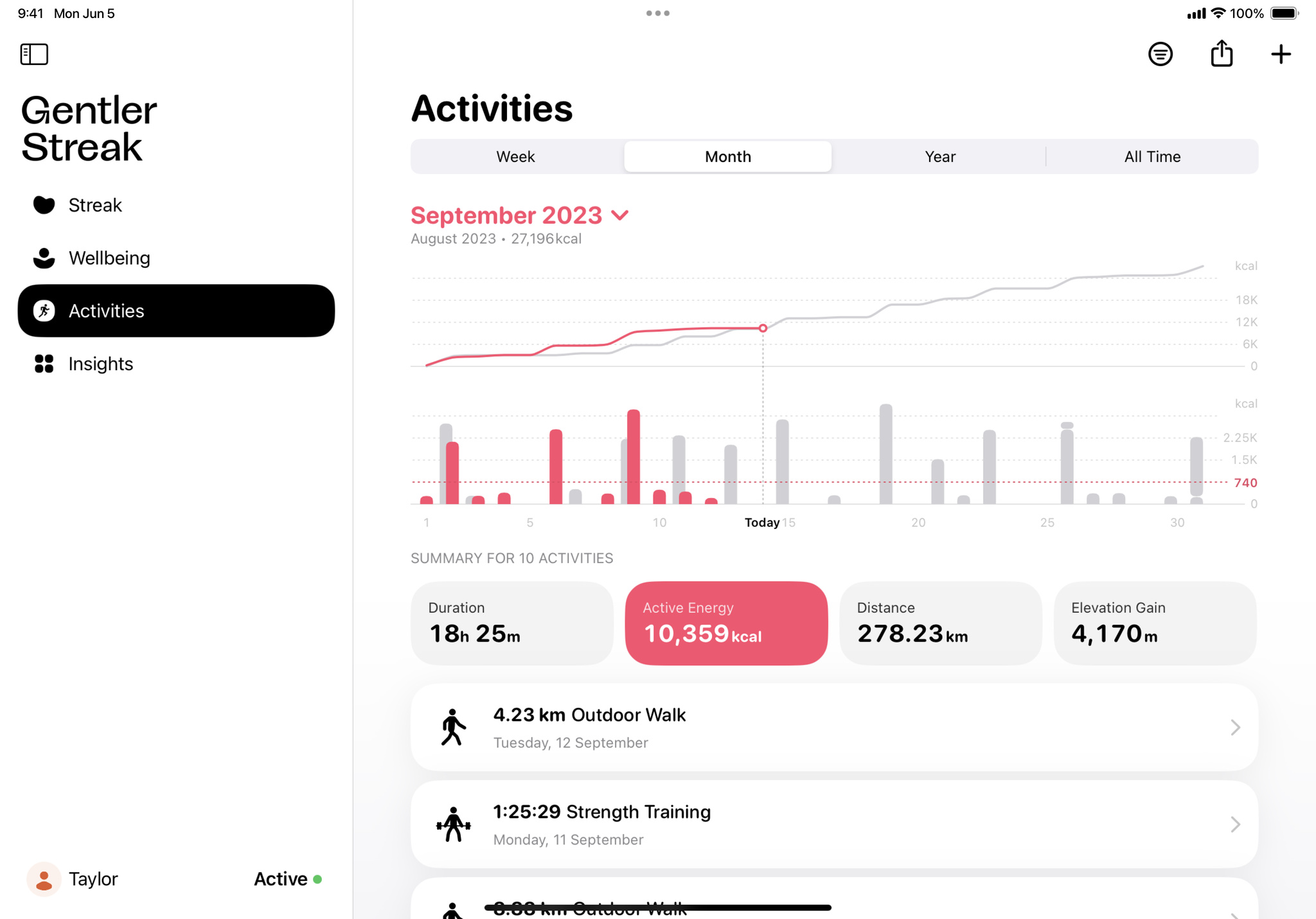 A screenshot from Gentler Streak, showing a series of bar graphs that chart a person’s workout history over a single month.