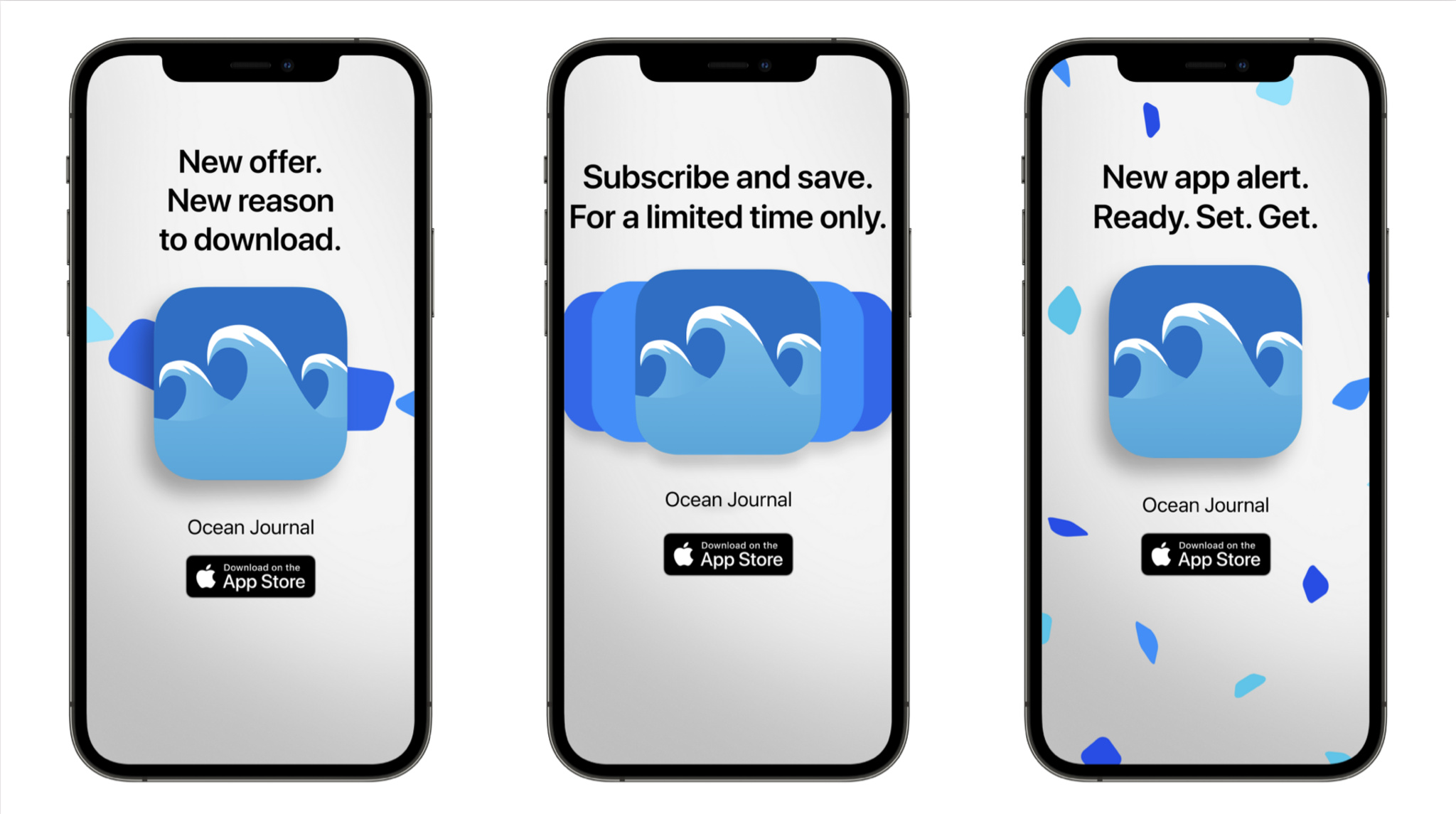 Three devices with custom images promoting Ocean Journal app