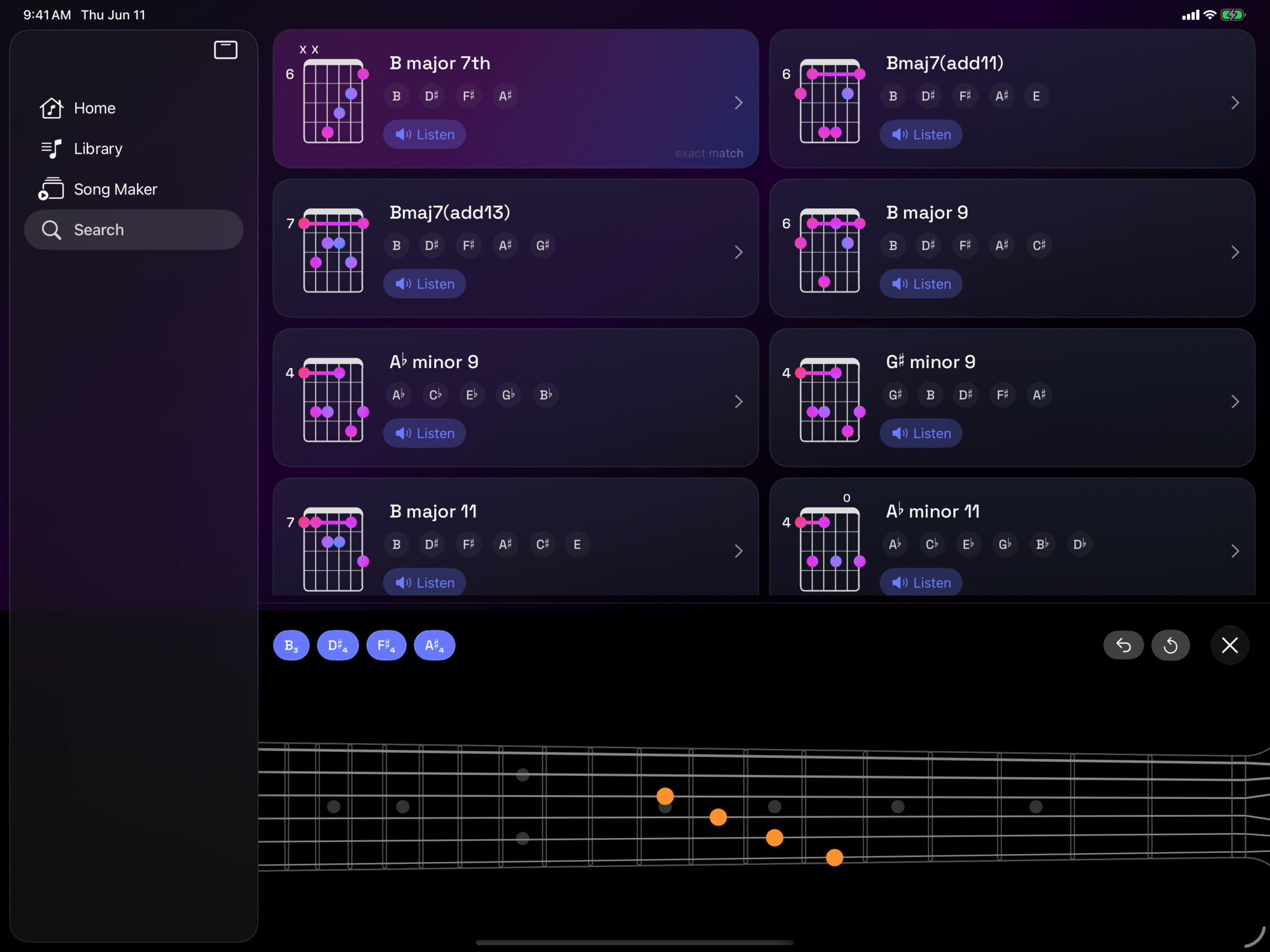 A Screenshot from Guitar Wiz displaying guitar chord search results in a dark-mode grid layout. Eight chord cards are shown — B major 7th (exact match), Bmaj7(add11), Bmaj7(add13), B major 9, A♭ minor 9, G♯ minor 9, B major 11, and A♭ minor 11 — each with a fretboard diagram, note names, and a Listen button. Along the bottom, an interactive guitar fretboard displays the selected notes B3, D♯4, F♯4, and A♯4 highlighted in orange.