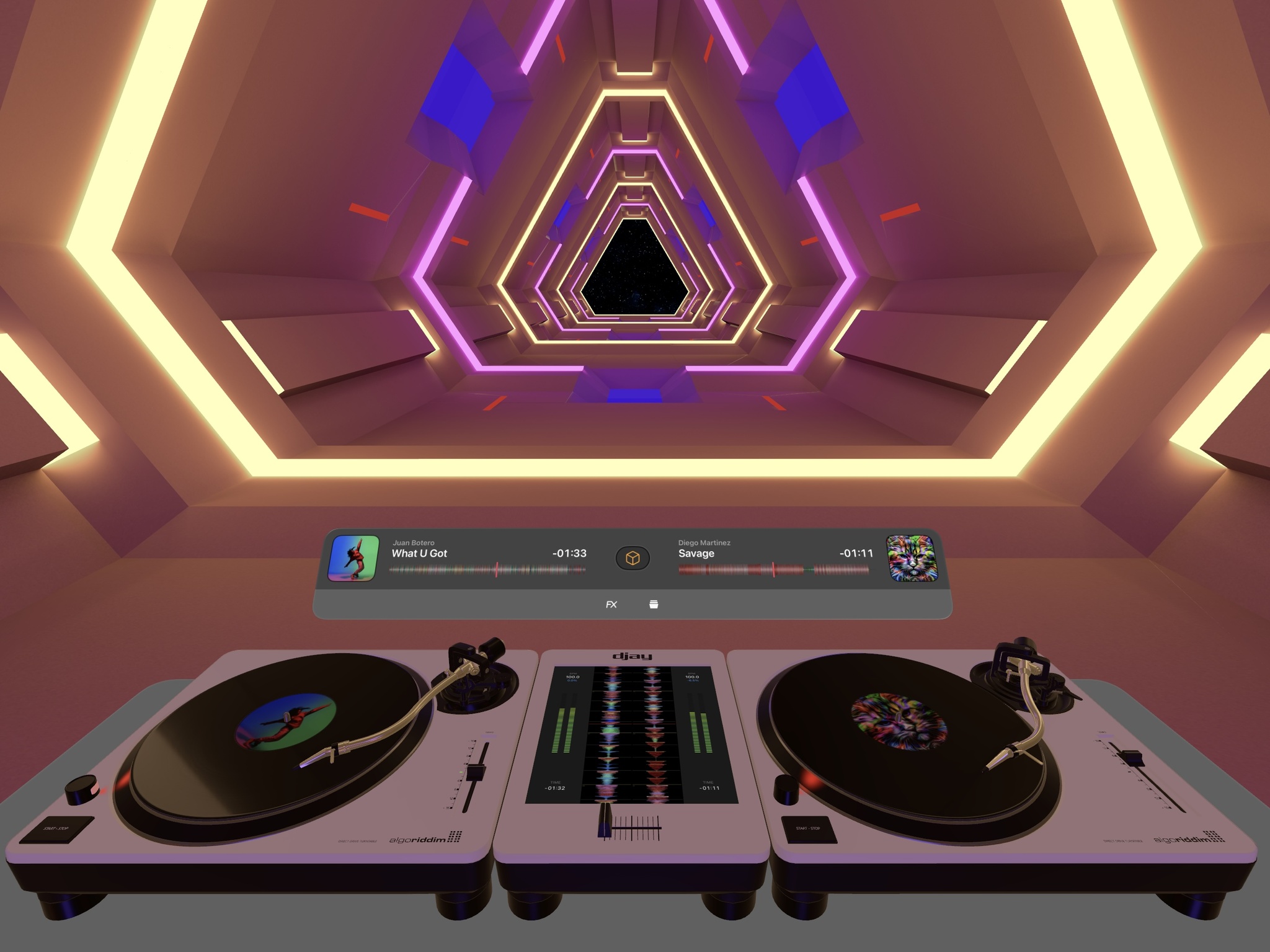 A screenshot from the app djay, which shows a set of two turntables and assorted controls in an immersive environment that resembles a tunnel on a spaceship.