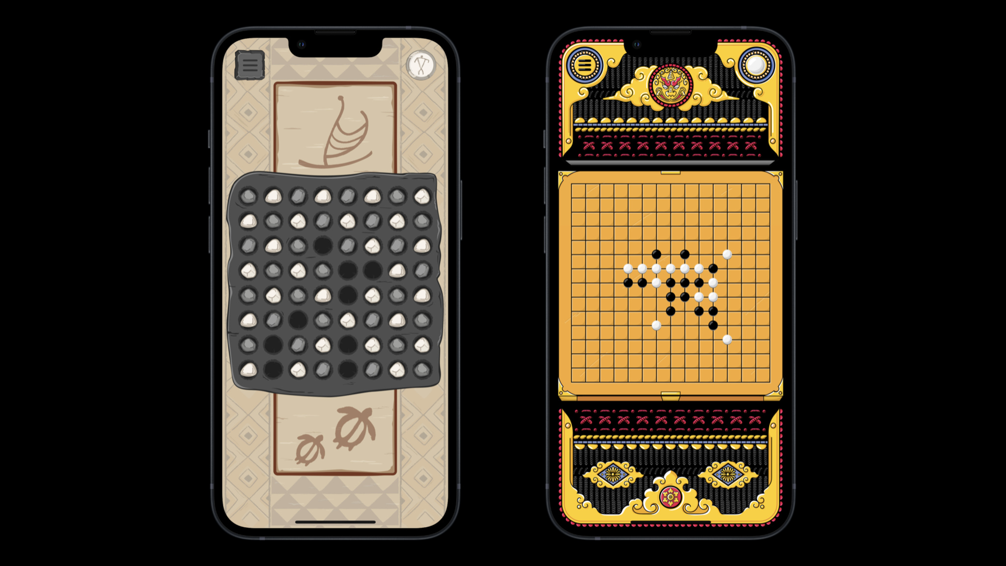 Screenshots from two games: Konane, which has a traditional Hawaiian design, and Gomoku, which was inspired by the look of samurai warrior armor.