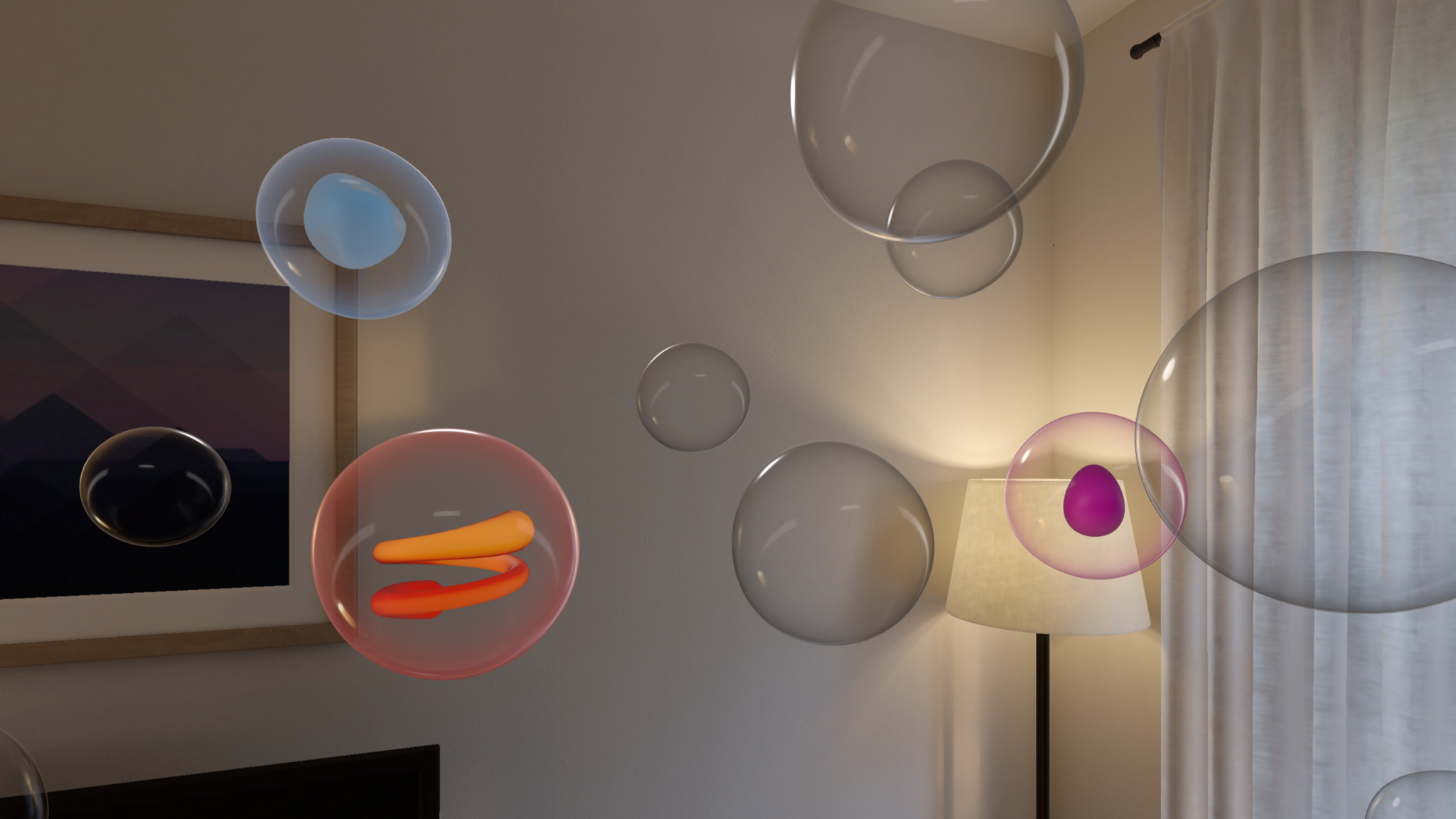 Colorful bubbles, some containing abstract shapes, float in a living room setting in Blackbox.