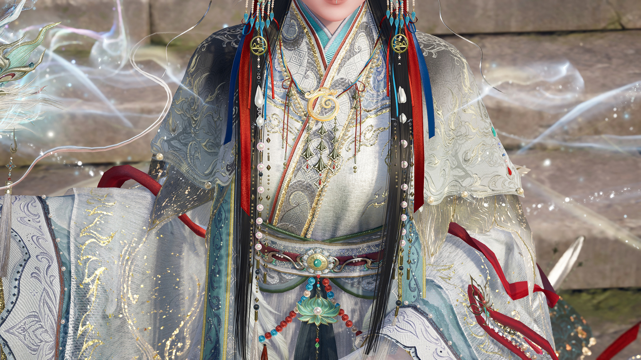 A close-up of a fantasy game character wearing an intricately detailed white hanfu robe adorned with gold embroidery, colorful beaded necklaces, red and blue ribbon accents, and a jade lotus pendant at the waist.