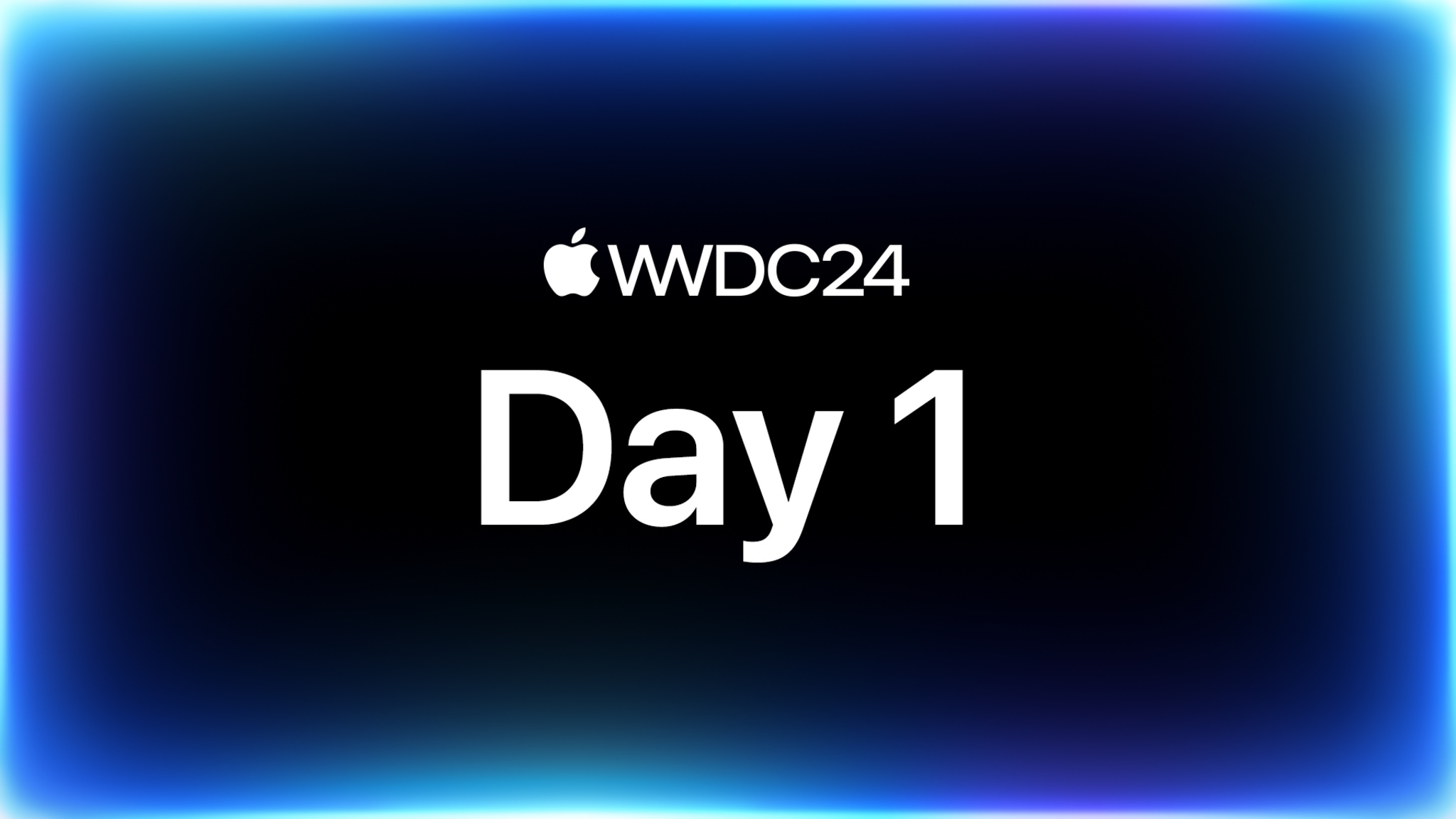 青く光る縁取りのある黒の背景に配置された「WWDC24 Day 1」のテキスト。