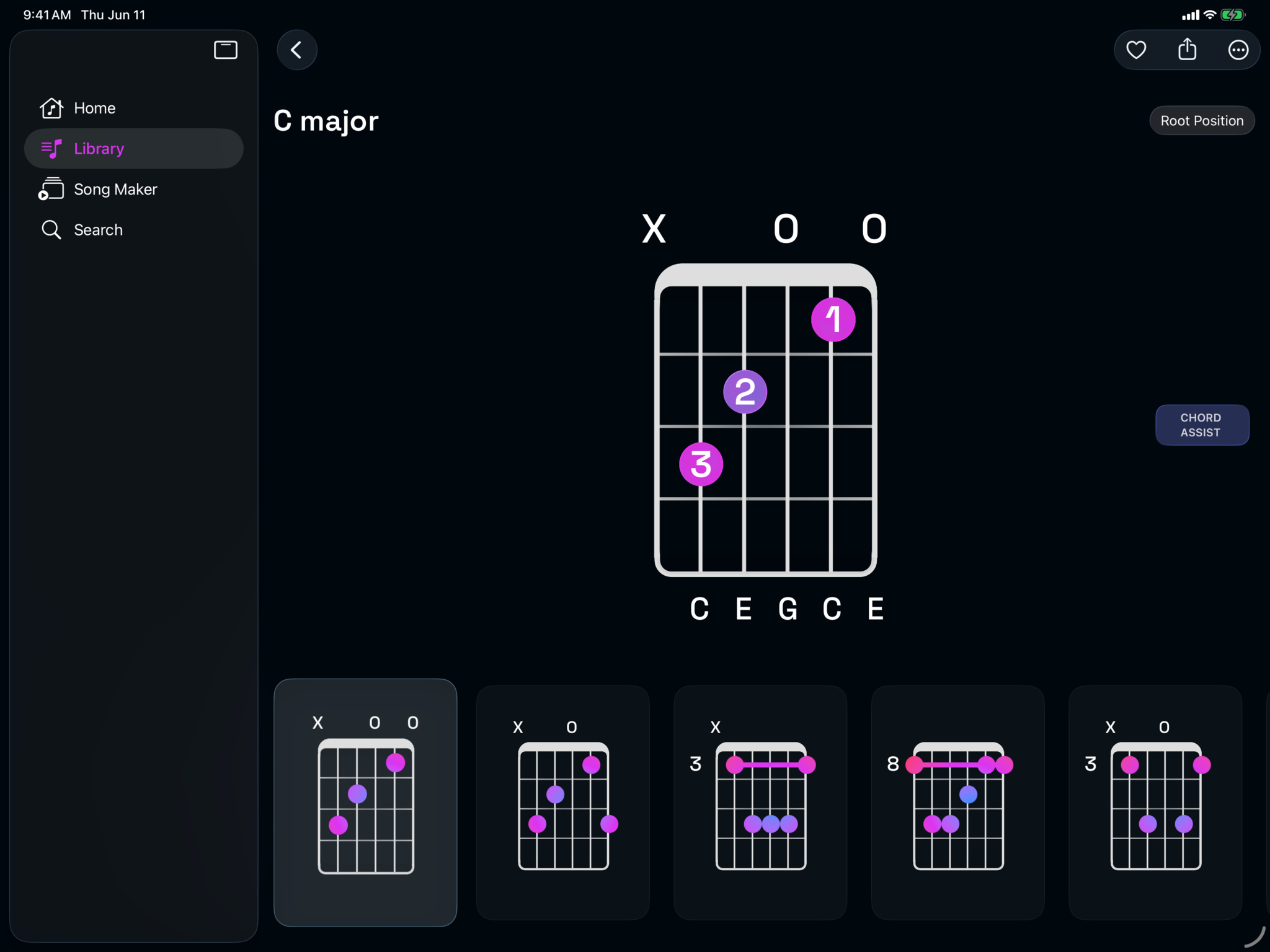 The Guitar Wiz app displays a chord diagram for C major in root position, with three numbered finger placements shown on a fretboard grid and the notes C, E, G, C, E labeled along the bottom. The left sidebar shows navigation options including Home, Library, Song Maker, and Search, with Library currently selected. A scrollable row of alternate chord voicing thumbnails runs along the bottom of the screen.