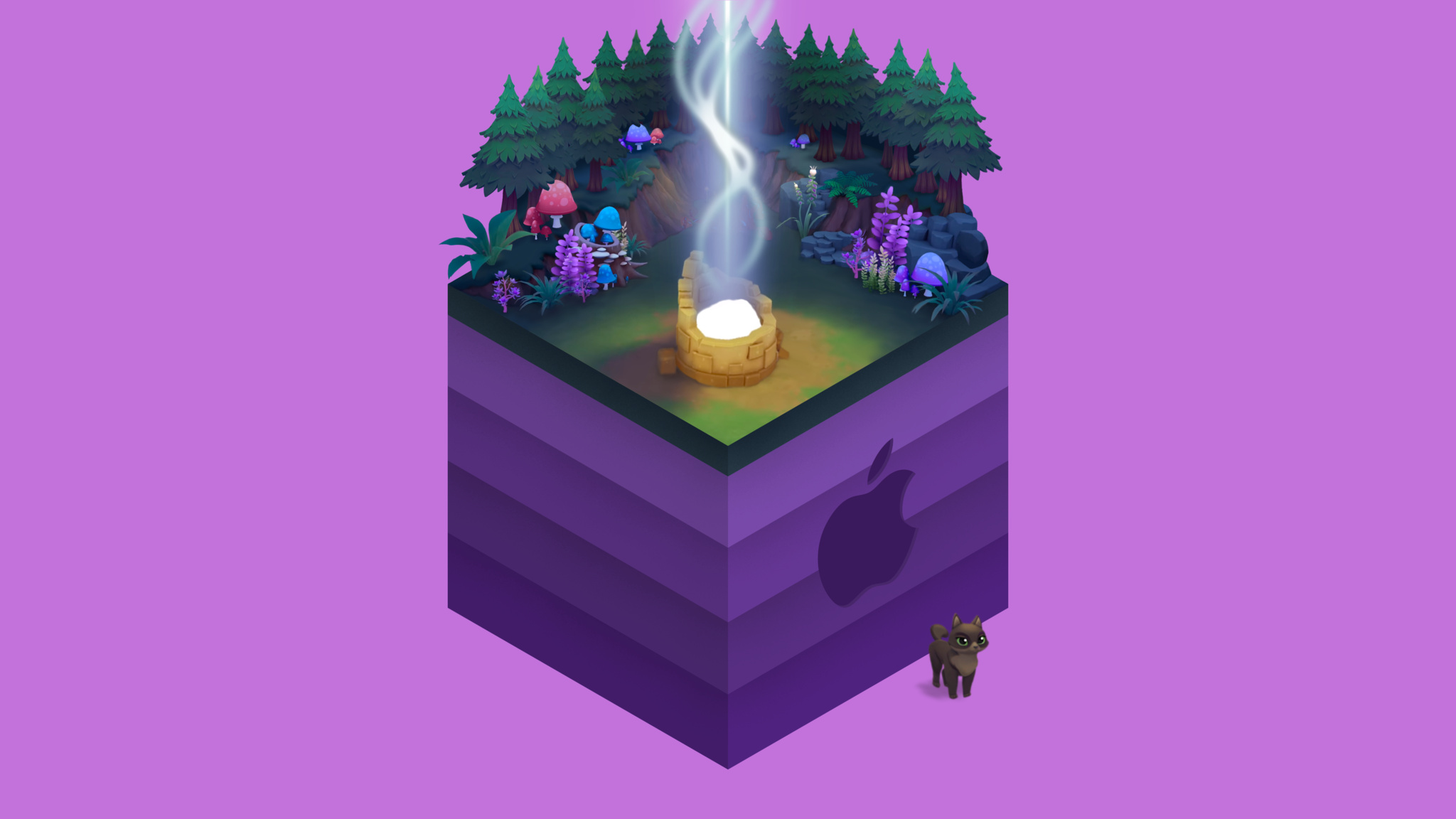 Cube with a forest and well on top, apple logo on the side