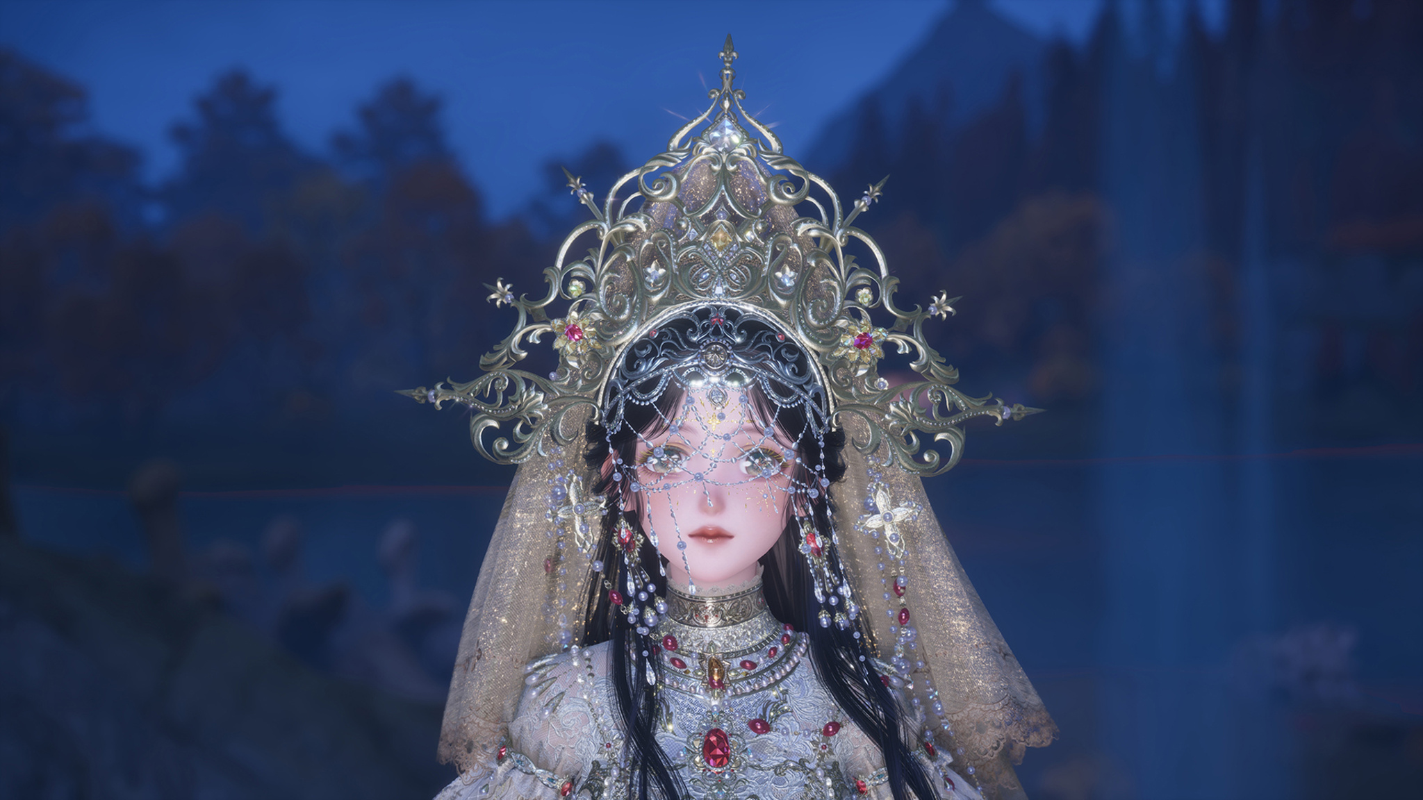 A portrait of a fantasy game character wearing an elaborate tall gold filigree crown adorned with red gemstones, with cascading crystal face chains and a sheer veil framing her face. She wears a white lace gown with ruby jewels at the neckline, set against a dark blue twilight sky.