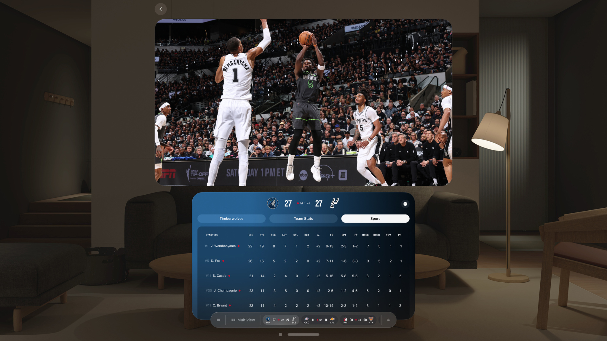 The NBA app on Apple Vision Pro displays a Timberwolves vs. Spurs game on a virtual screen, with Anthony Edwards jumping to shoot over Victor Wembanyama. Below the broadcast, a Game Stats panel shows detailed player statistics for the Spurs' starting lineup, including minutes, points, rebounds, assists, and shooting percentages.
