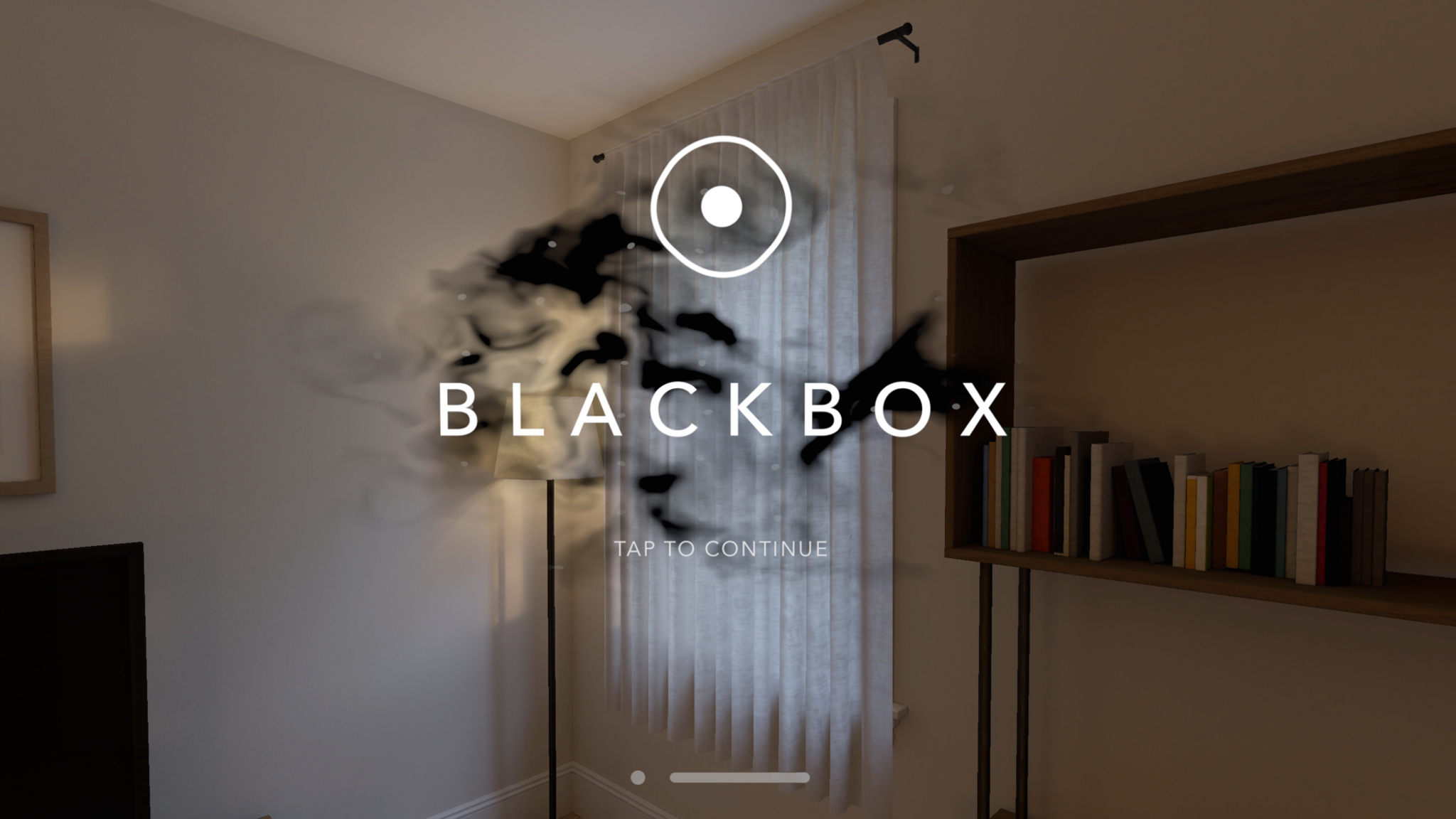 The opening screen of Blackbox, with the game’s title over a wispy black cloud in a living room setting.