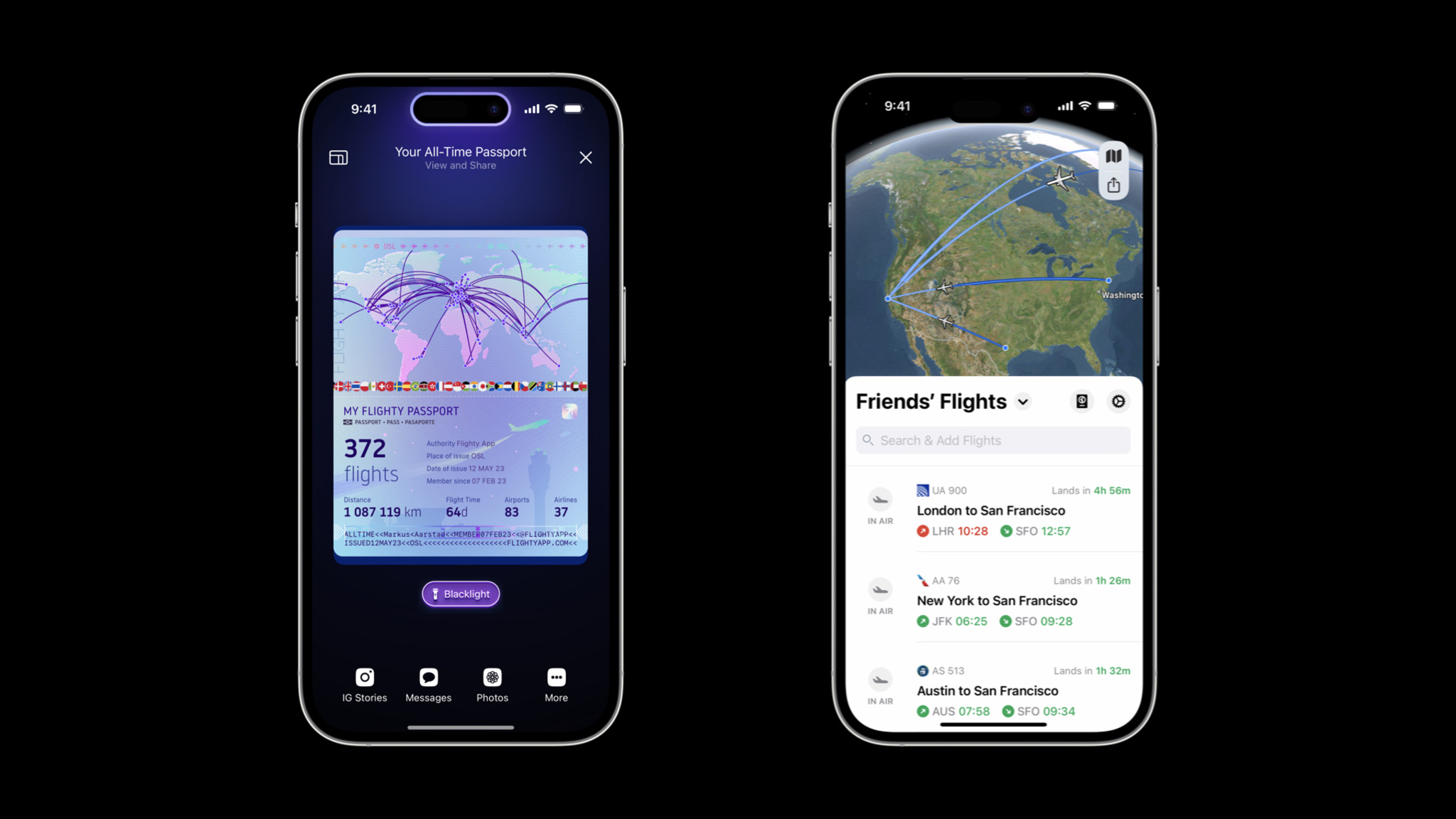 The *Flighty* Passport features shows your flights, miles, and travel stats, and the Friends' Flights screen is a convenient way to keep up with others.