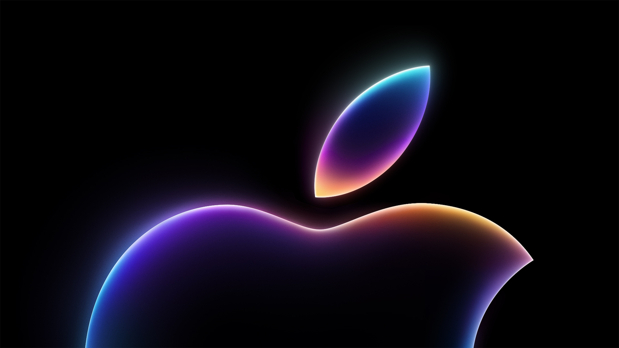 The top half of an Apple logo, in black with glowing blue, orange, and purple edges, set against a black background.