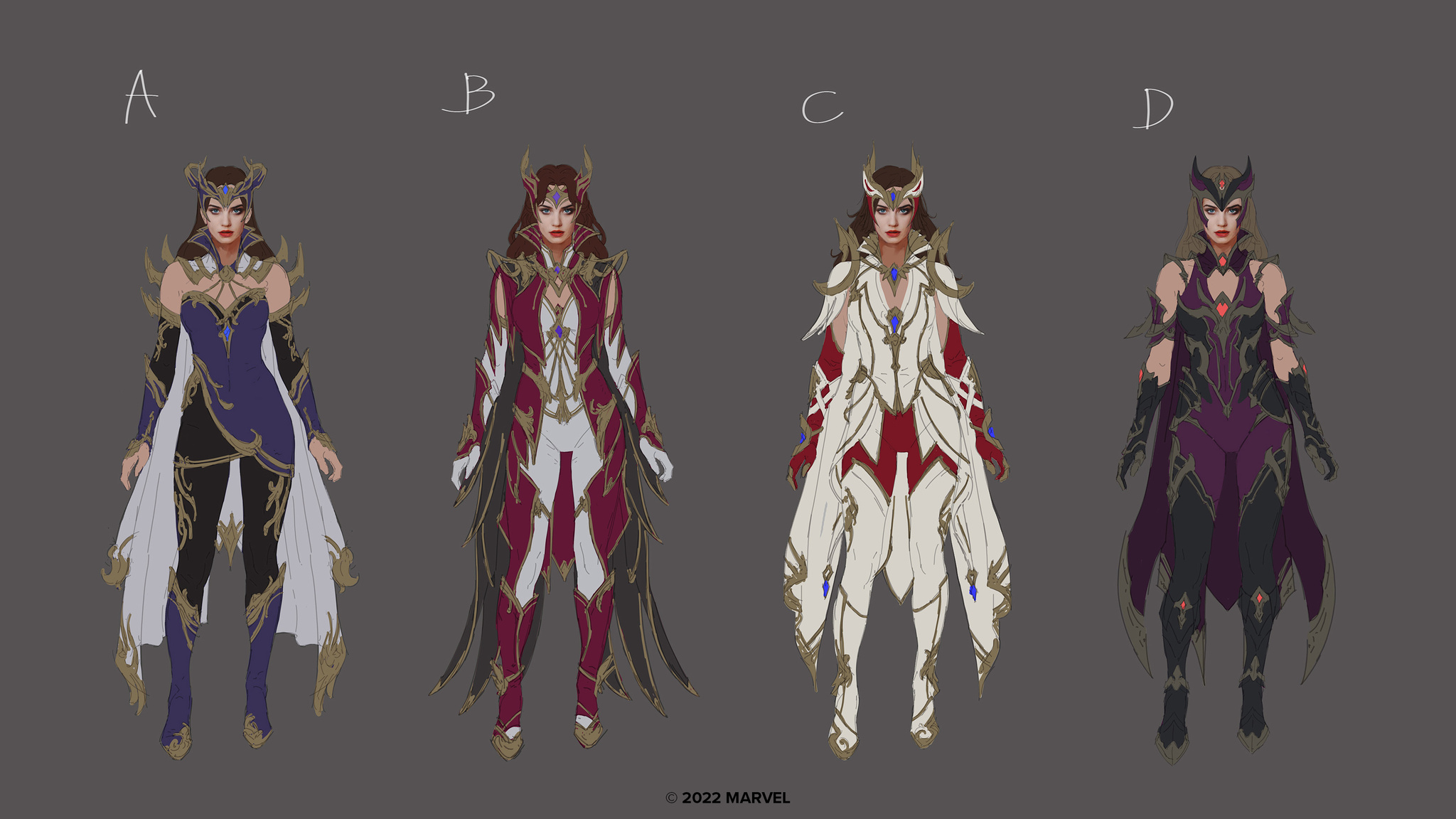 Early sketches of Scarlet Witch's 'Rise of the East' costume theme. The winner: Version B, which became the basis for the final costume.