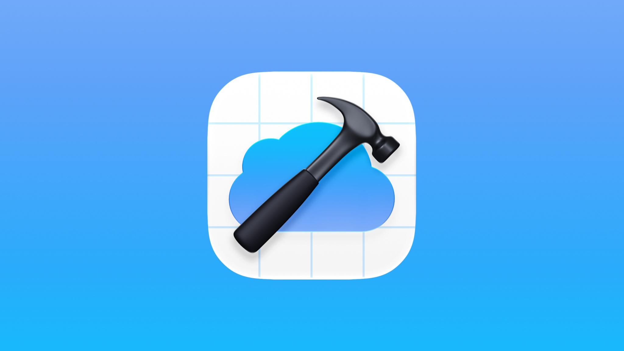 An app icon is centered on a blue gradient background. The icon is a white rounded square with a light blue grid pattern, featuring a blue cloud symbol in the middle. A black, three-dimensional hammer rests diagonally across the cloud.