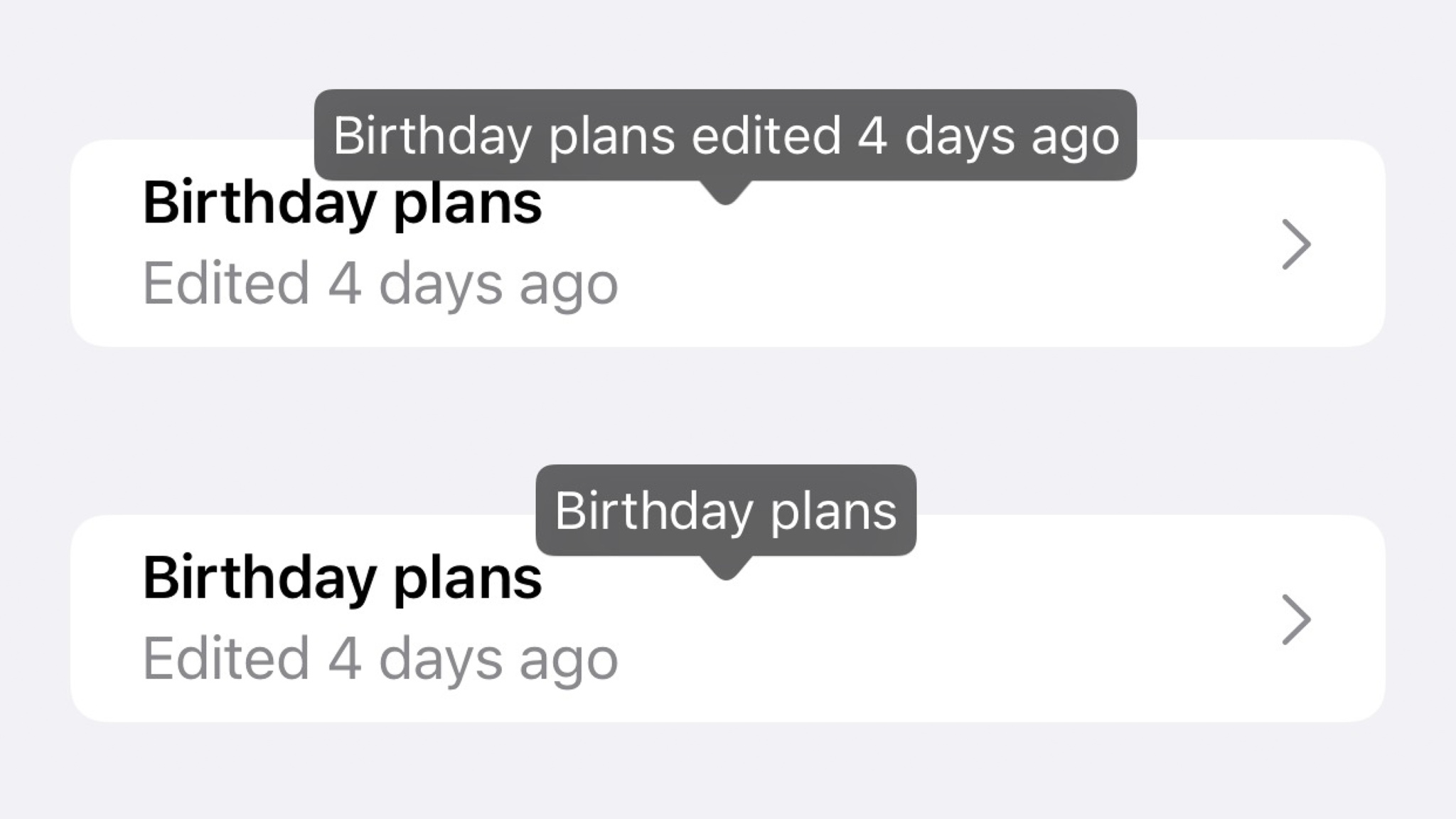 two views with voice control labels shown, comparing “birthday plans edited 4 days ago” versus “birthday plans”