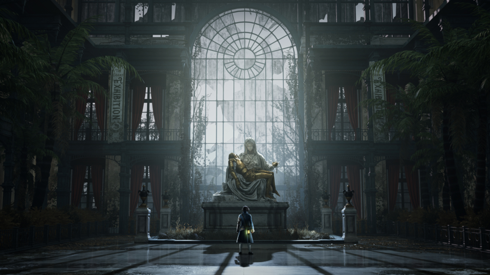 A character stands in front of a giant marble statue and an enormous picture window in a large dimly lit room.