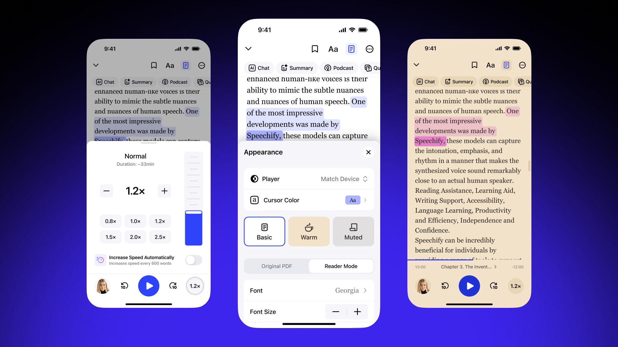 Three iPhone screenshots from the app Speechify, all showing UI of how the app reads printed text aloud. The screenshots are all against a dark black and purple background.
