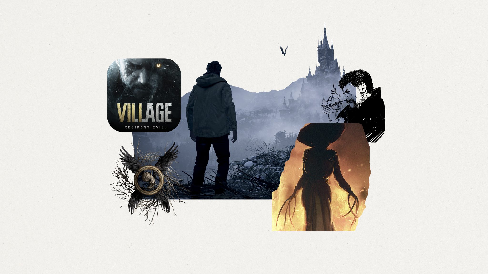 A collage of art elements from the Apple Design Award-winning Game, Resident Evil Village