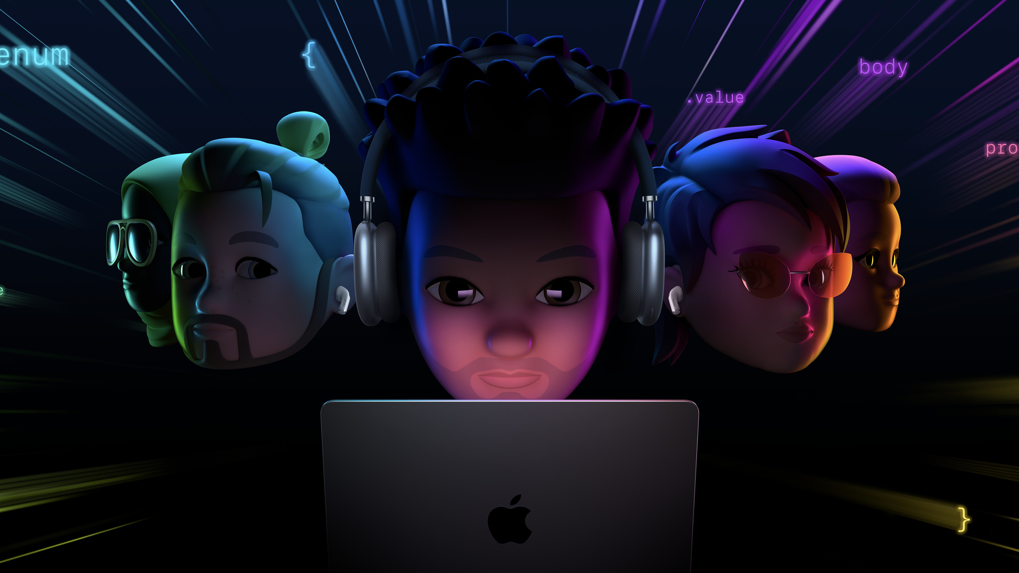 Five Memoji sitting around a MacBook Pro with the center Memoji wearing AirPods Max