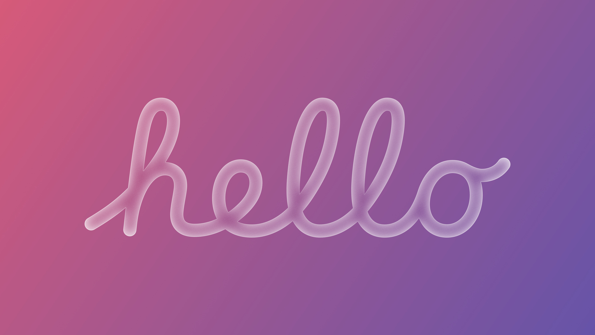 The word “Hello” written in white glowing script font against a pink and purple background.