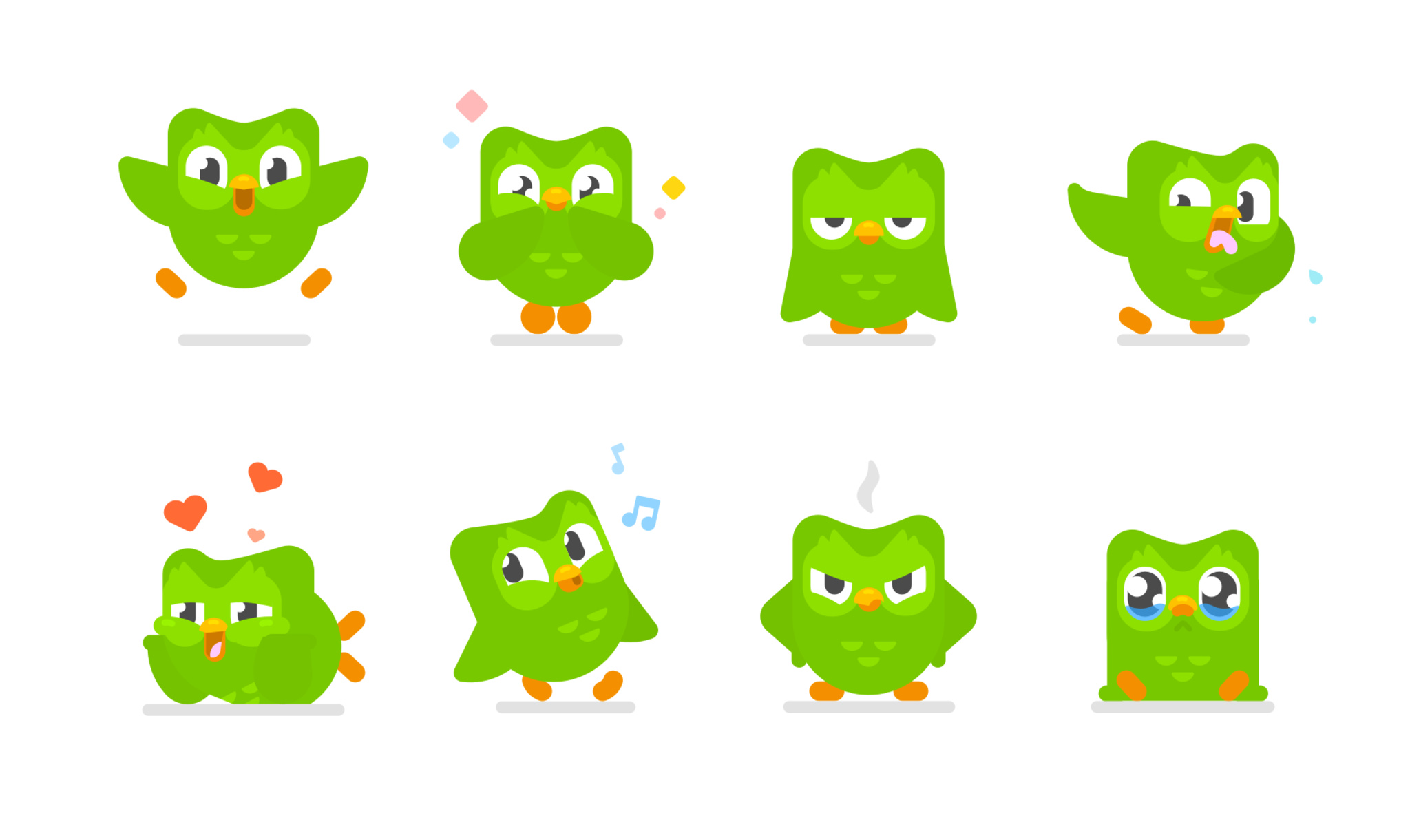 A collage of Duolingo’s mascot, the green owl Duo, showing a variety of emotions.