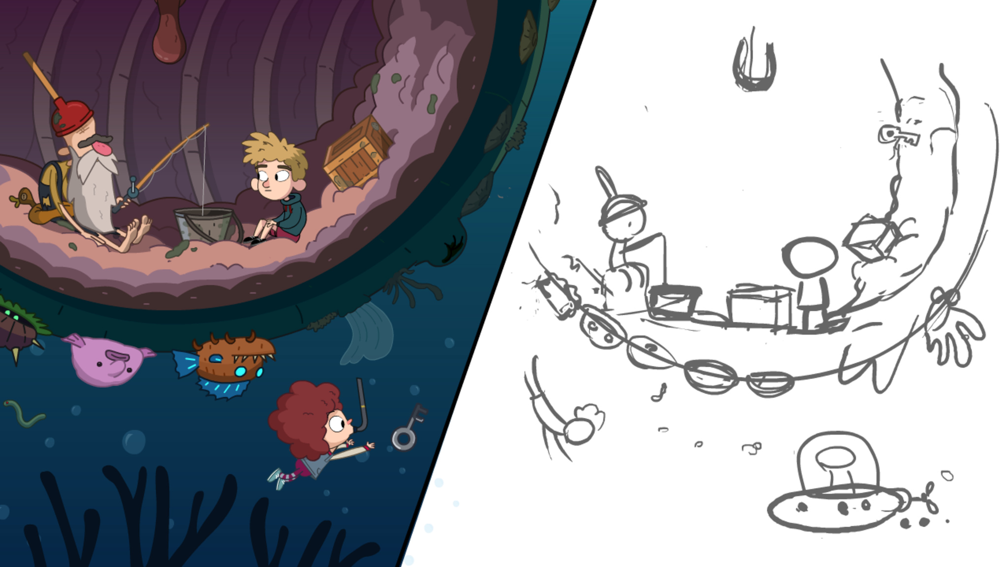 A split-screen view. On the left is a screenshot of Lost in Play, showing an undersea scene in which a main character, Toto, is sitting in the belly of a whale with an old man. Beneath them swims his sister, Dot. On the right is an pencil sketch of the scene.