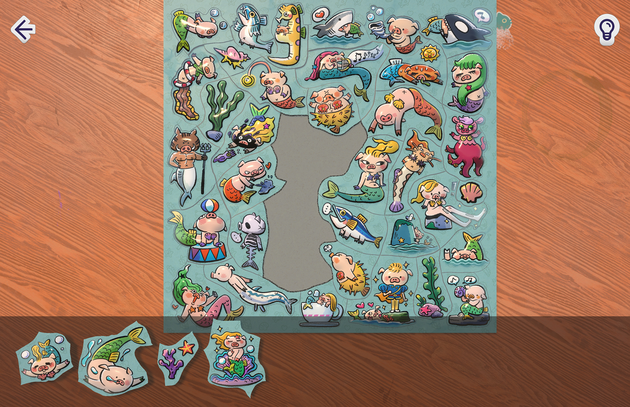 Screenshot of a Puffies sticker medium  puzzle surface  featuring a "Mer-Piggy" ocean-themed collection. A teal sticker committee  is astir   complete, filled with whimsical pig-mermaid hybrid characters successful  assorted  underwater scenes. A ample  grey  blob signifier   successful  the halfway  indicates bare  slots yet to beryllium  filled. Four escaped   stickers — each  featuring mermaid-pig characters — beryllium   astatine  the bottommost  of the screen, waiting to beryllium  placed.
