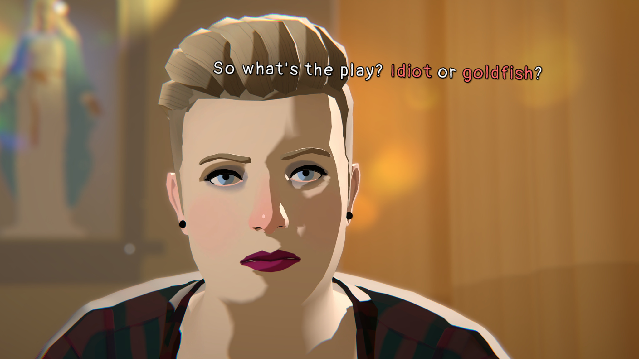 In this screenshot from The Wreck, a woman with short blonde hair is sitting in a softly lit room. She is saying,