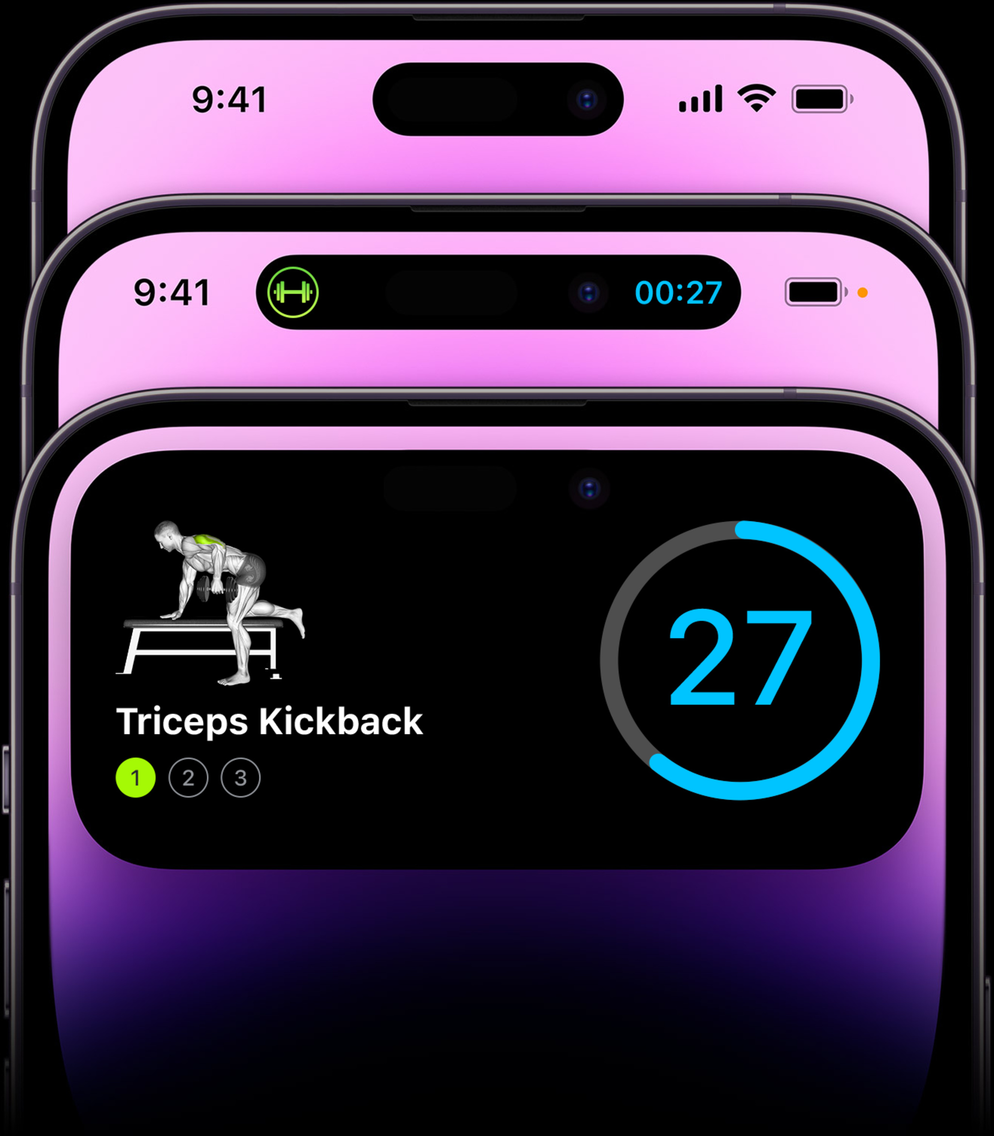 A screenshot composite view of SmartGym’s Dynamic Island that shows the type and duration of your current workout.