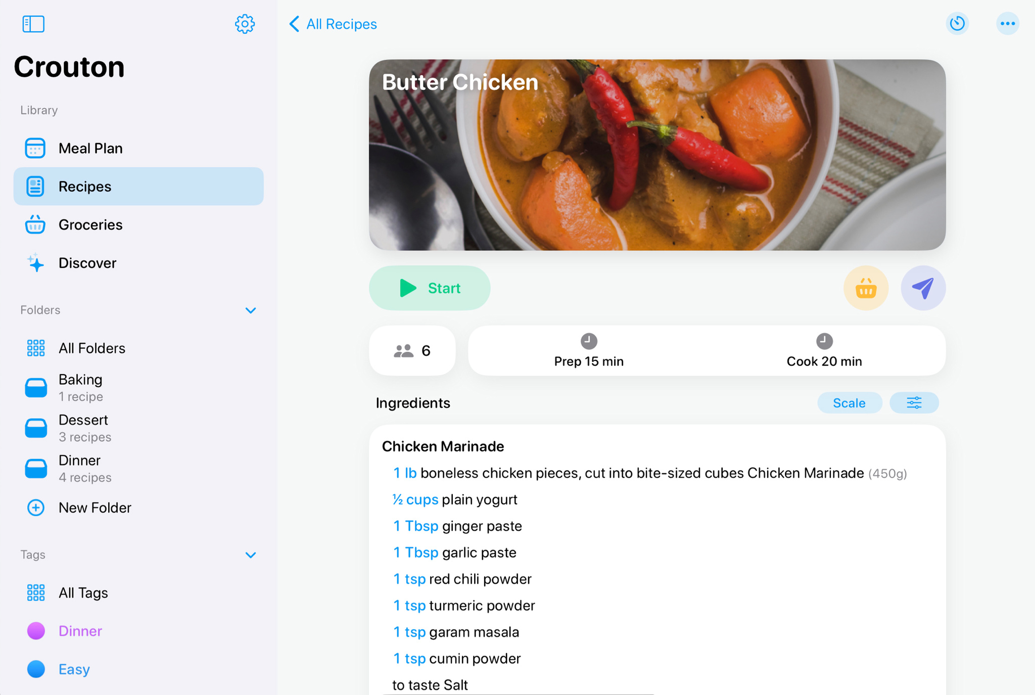 A Crouton screenshot that shows a recipe for butter chicken, with a photo of the dish above a list of ingredients.