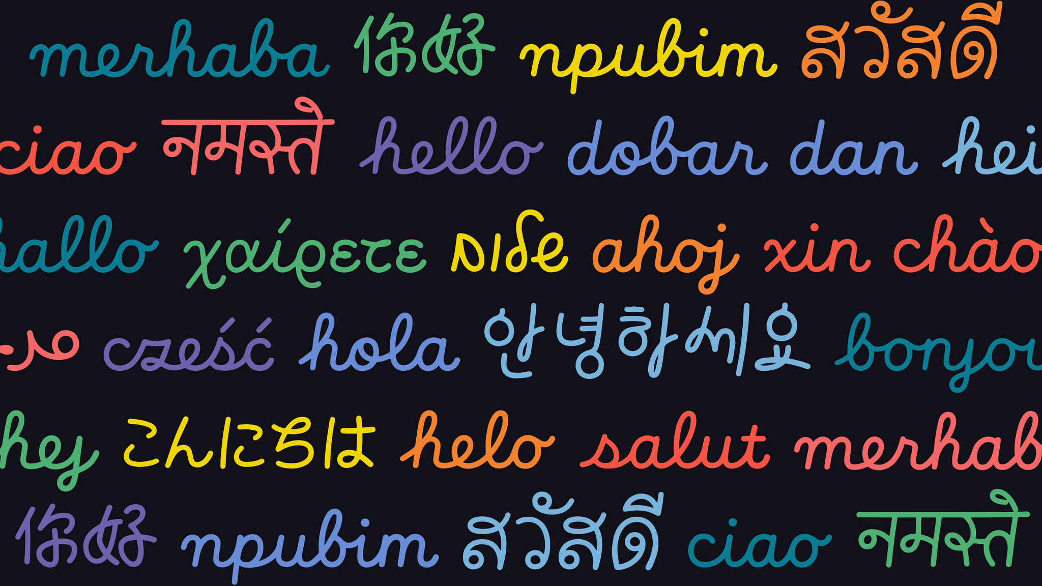 The word “hello” written in many different languages and colors.