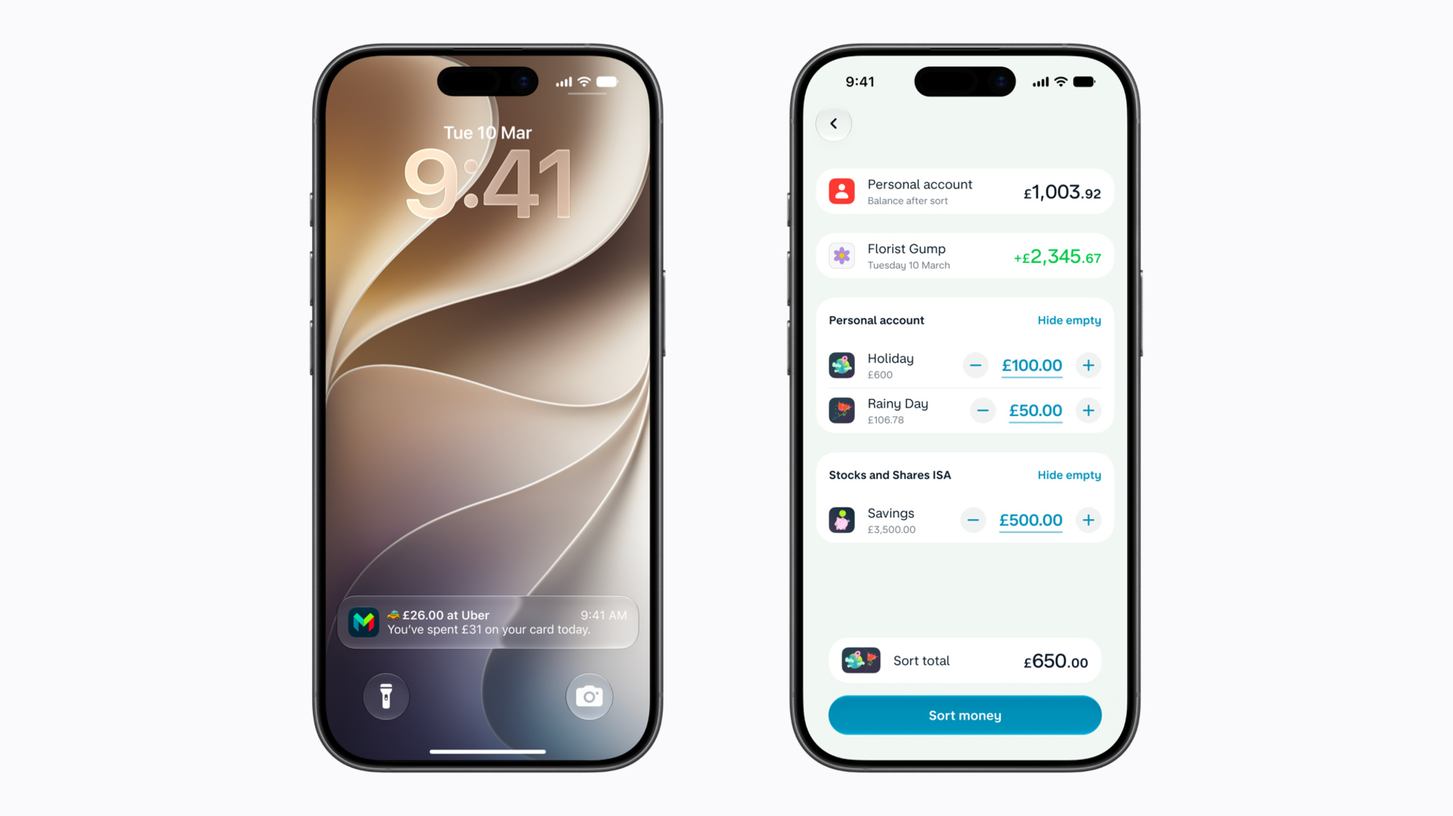 Two iPhone mockups side-by-side. The left screen displays the iOS lock screen, featuring a system notification from the Monzo app at the bottom. The right screen displays the Monzo 'Sort money' interface, featuring options to distribute funds.