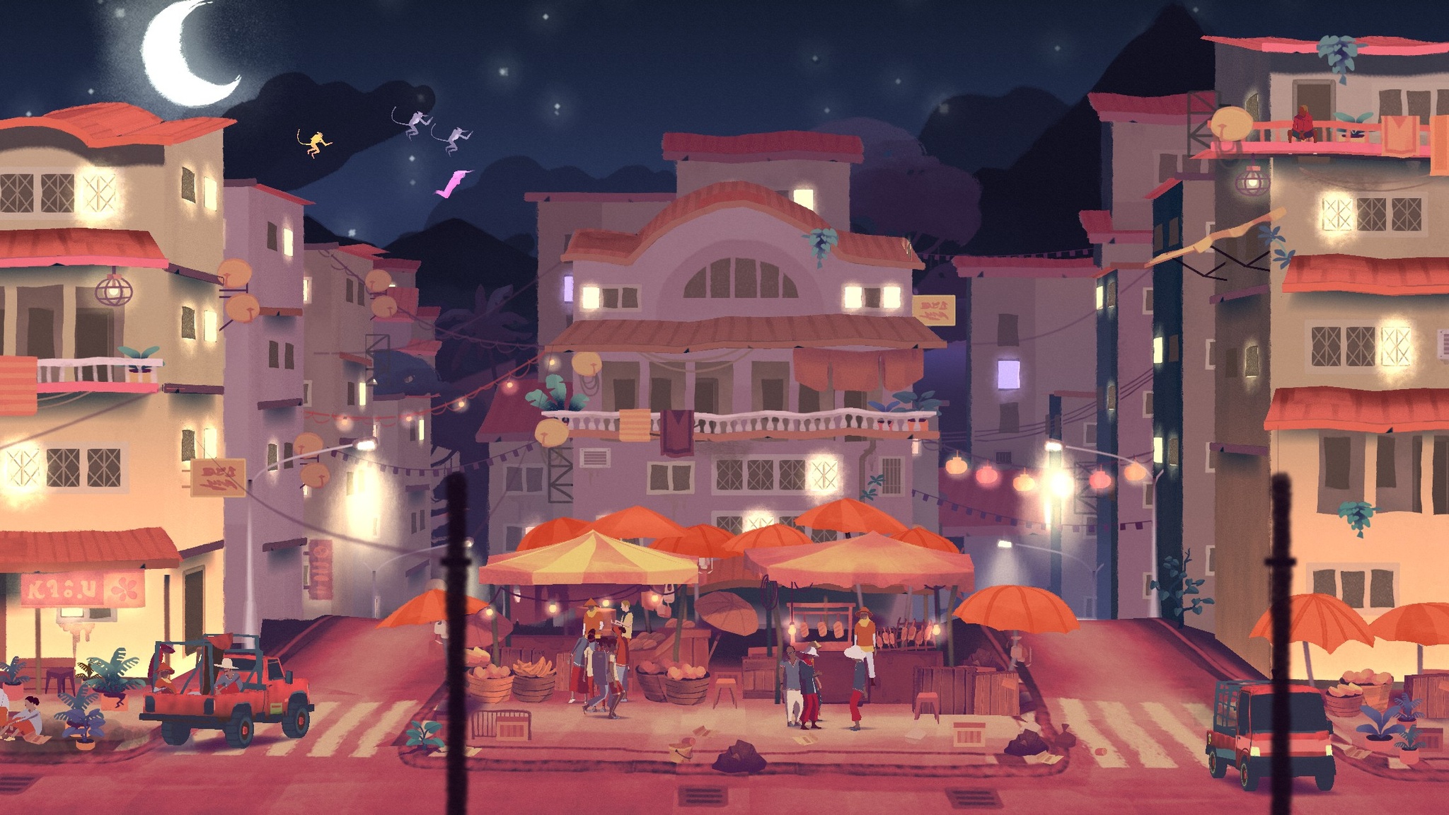 A screenshot from Gibbon, in which the title character and other gibbons leap through a lively city scene.