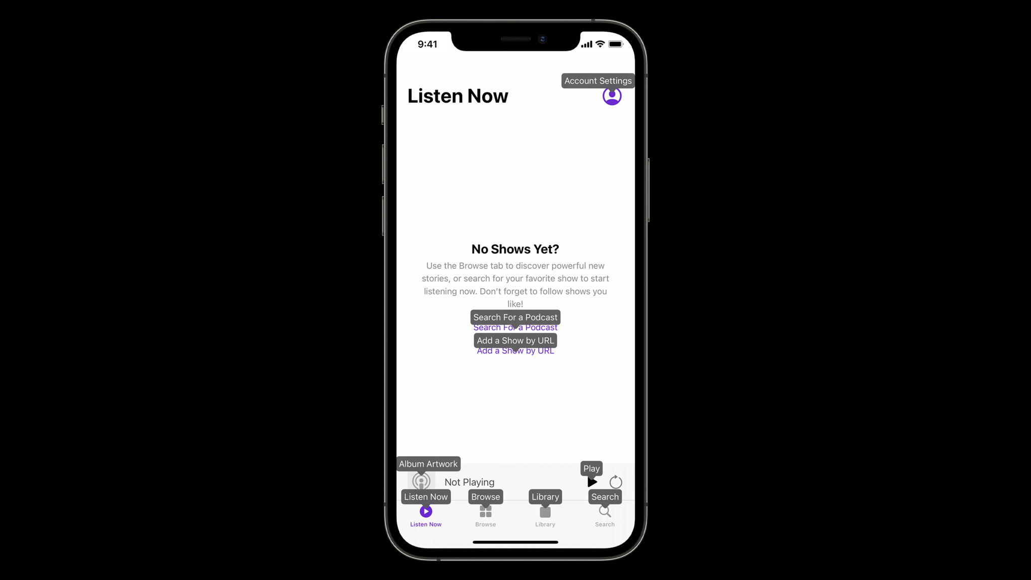 Voice Control in Podcasts on iOS: “Show names.”