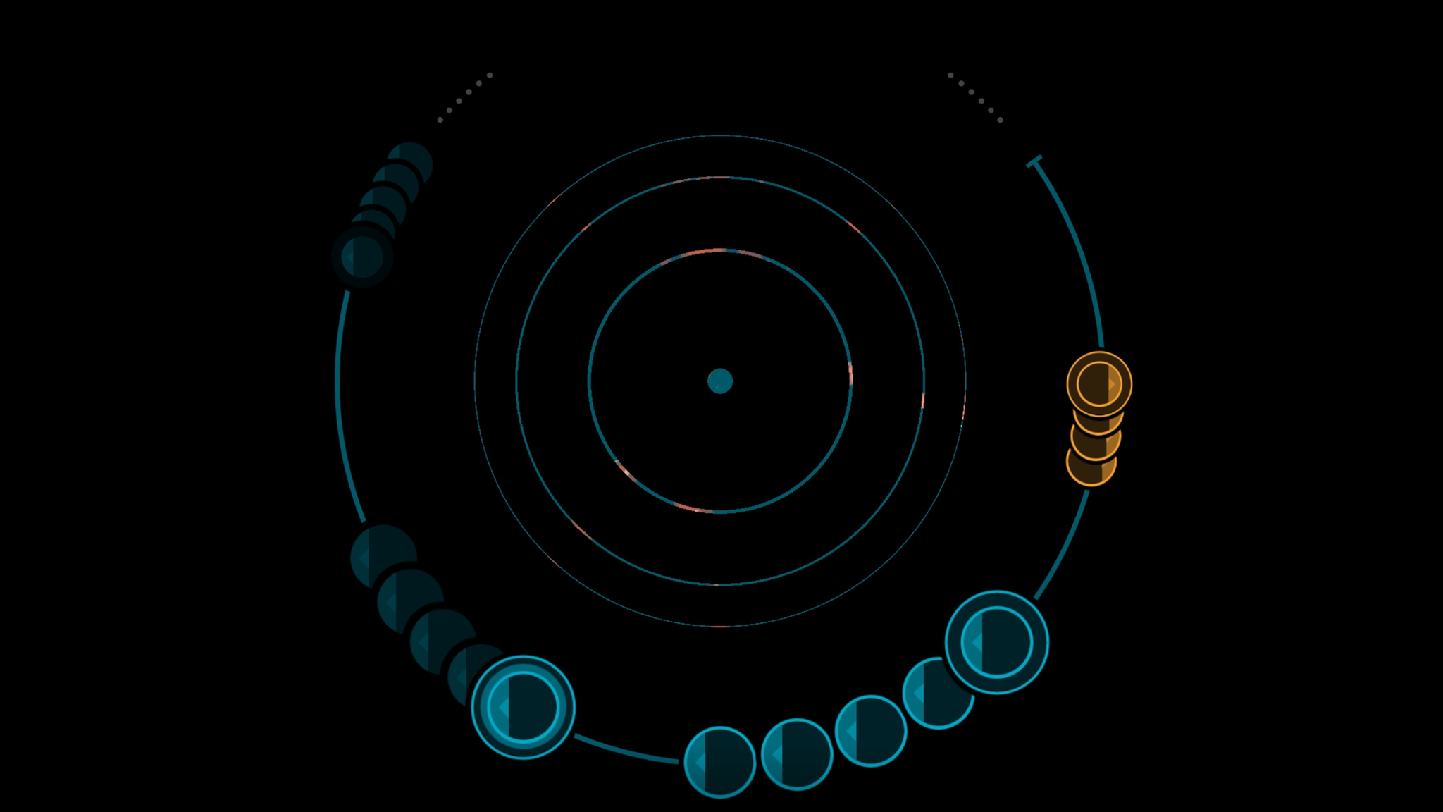 A screenshot of the game’s circular UI. You play the game by tapping bubbles in time with the music. 