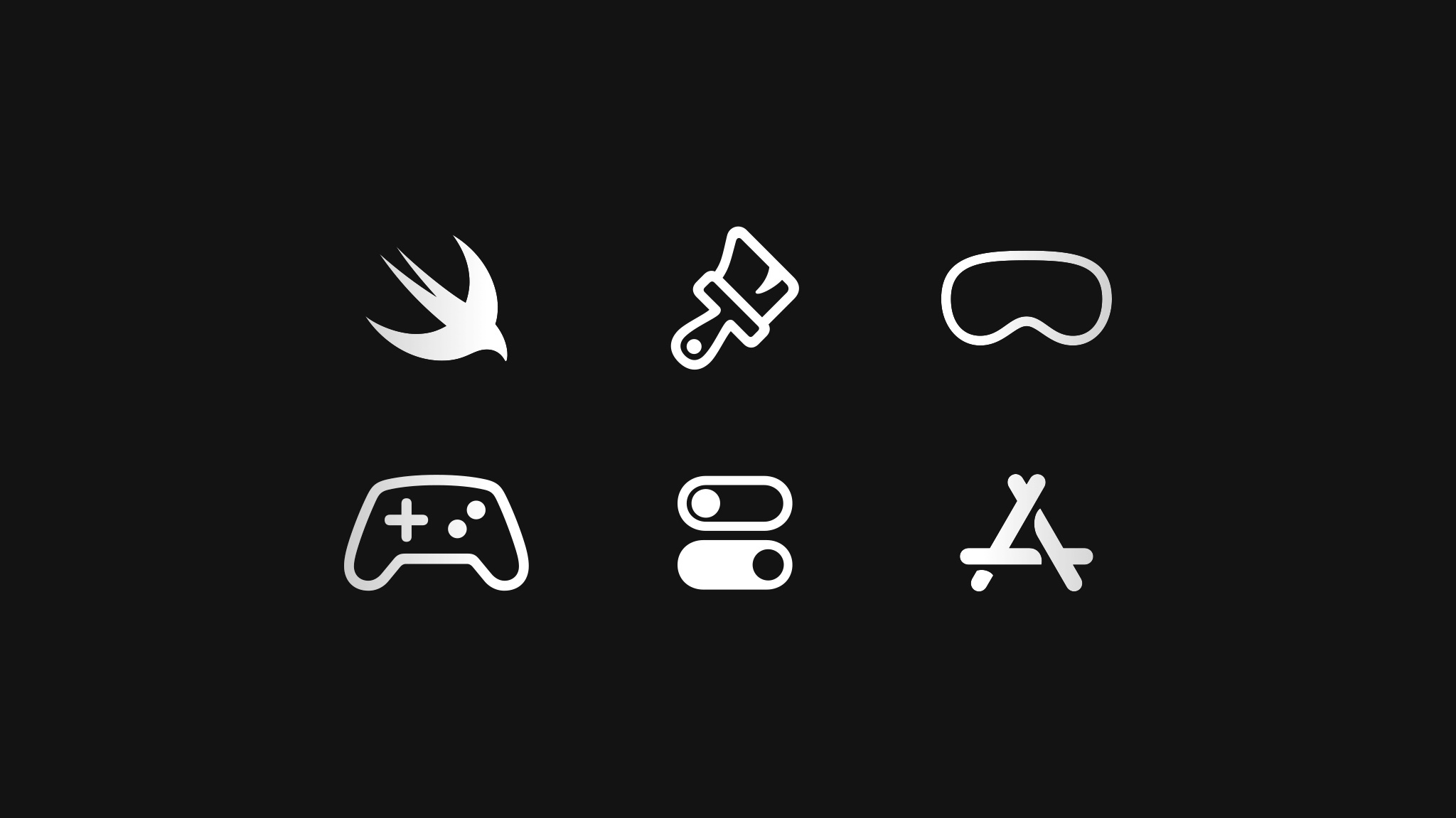 Six icons — a Swift bird, paintbrush, Apple Vision Pro, game controller, toggle, and App Store logo — set against a background. 