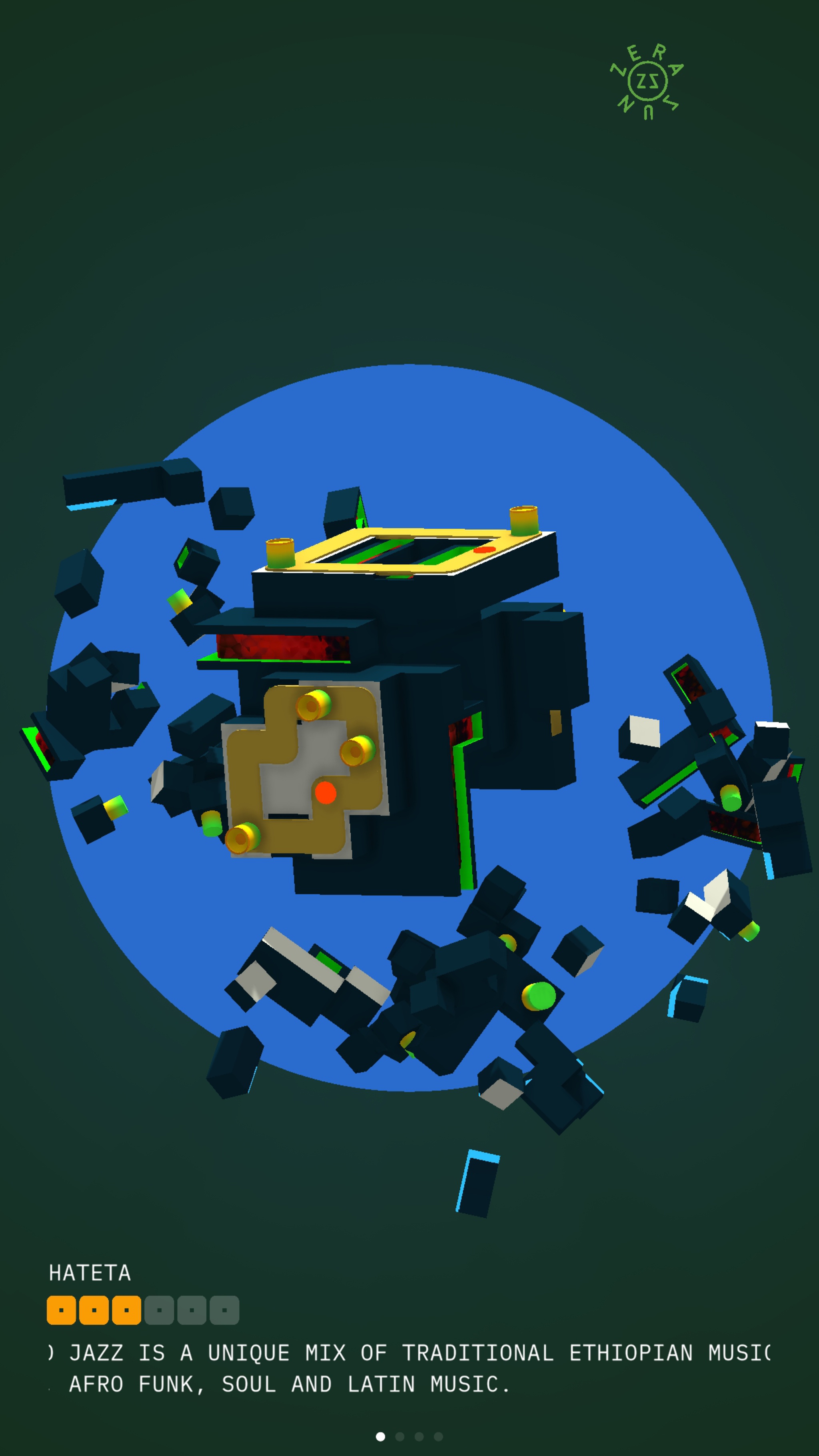 A *Rytmos* screenshot showing a deconstructed series of dark floating puzzle pieces against a blue and green background.