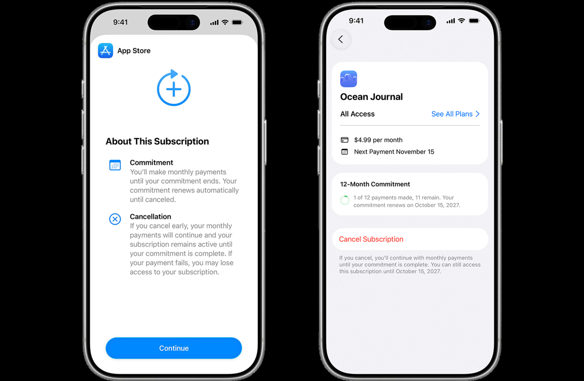 Screens showing monthly subscriptions with a 12-month commitment feature, payment schedule and commitment details for App Store subscriptions.