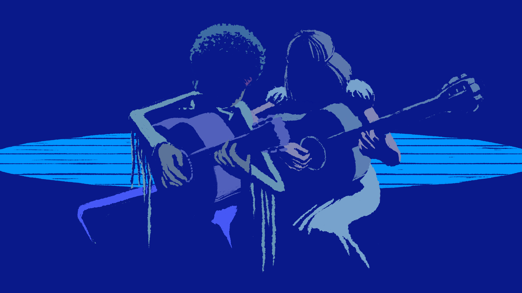 An illustration of two characters in A Musical Story, a man and a woman who are both playing guitars. 	